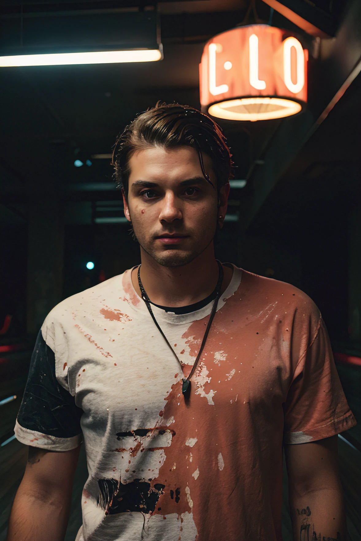 jeune homme , American Style Bloody Modern Clothing, il est dans un bowling, everything destroyed , The neon lights hang behind it's broken , Man looks at the camera, il est de face, et le format de la photo est du 9/ 16th. 8k quality