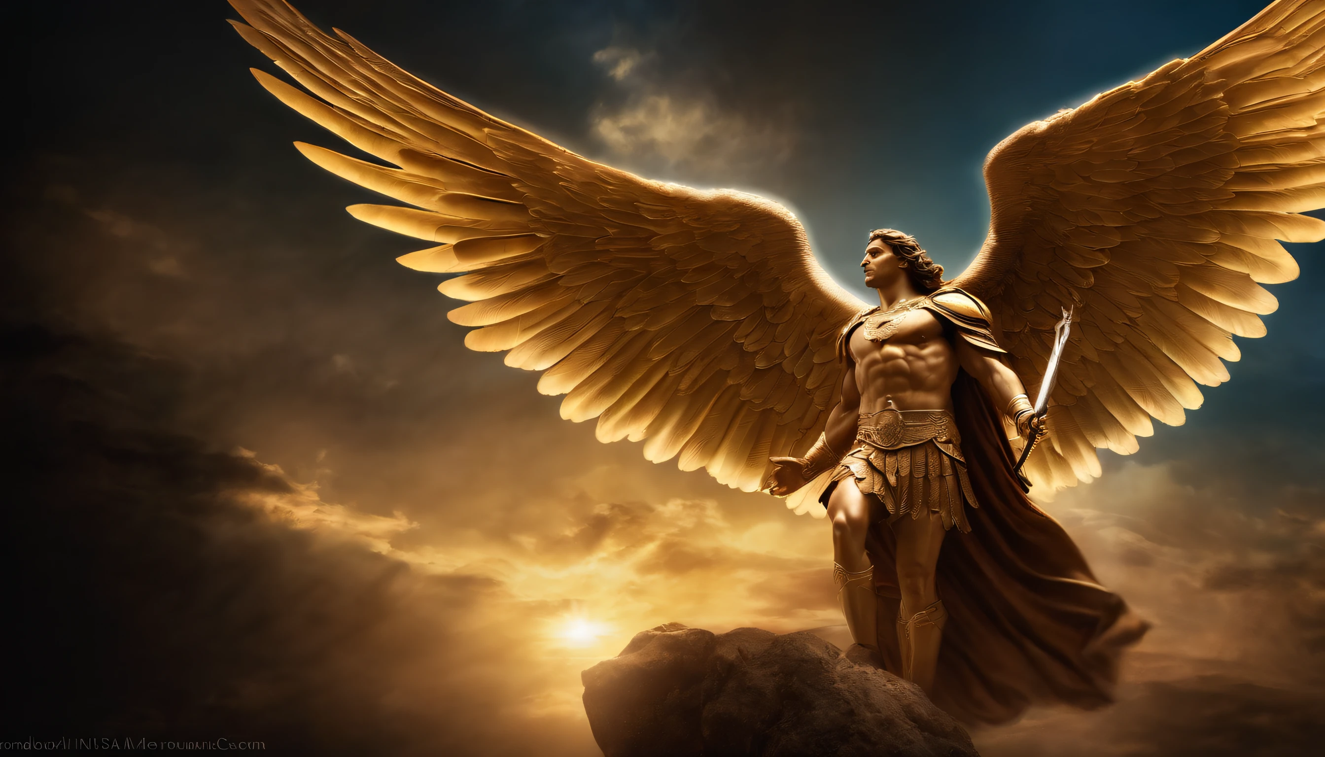 personagem masculino, Arcanjo Miguel, Astronomical images, detalhes intrincados, Realistic, asas vermelhas e grandes, Angelic background, Catholic illustration image of Archangel Michael, Male characters in the Bible, Miguel usa armadura de anjo, cosmic background, Archangel and backlighting, Imagem de corpo inteiro de um anjo, Maximum detail and his angelic face and wings, Pele perfeita realista, A mais alta qualidade de imagem, Miguel He is highlighted in the image in strong and striking colors.