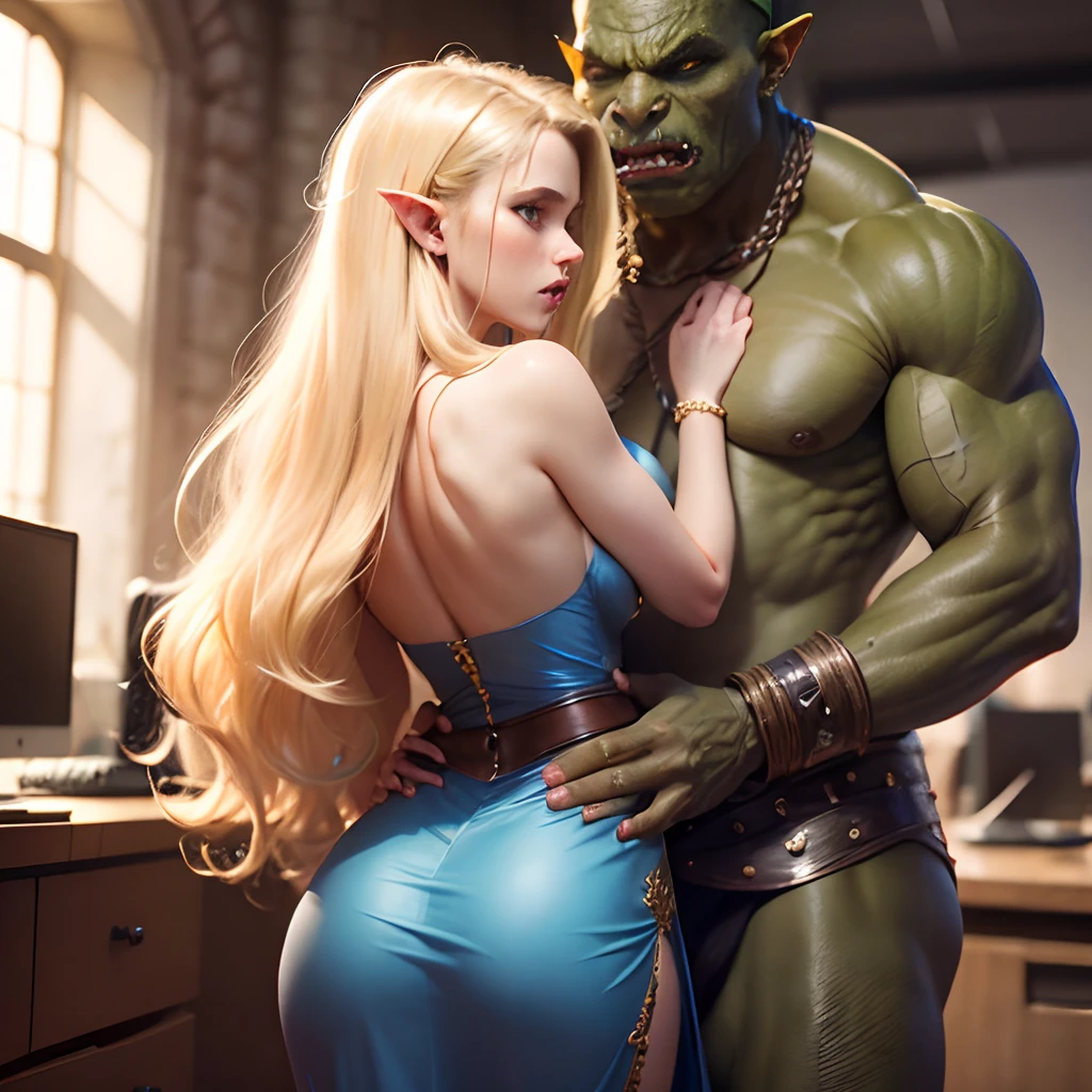 Outraged 20-year-old blonde elf girl with long wavy hair and blue eyes, in a blue dress with gold embroidery. 1 orc, green skin, in leather clothes. An argument with an orc in the office. The orc grabs her by the waist. delicate detail. ultra details. highly detailed characters. seen from behind.