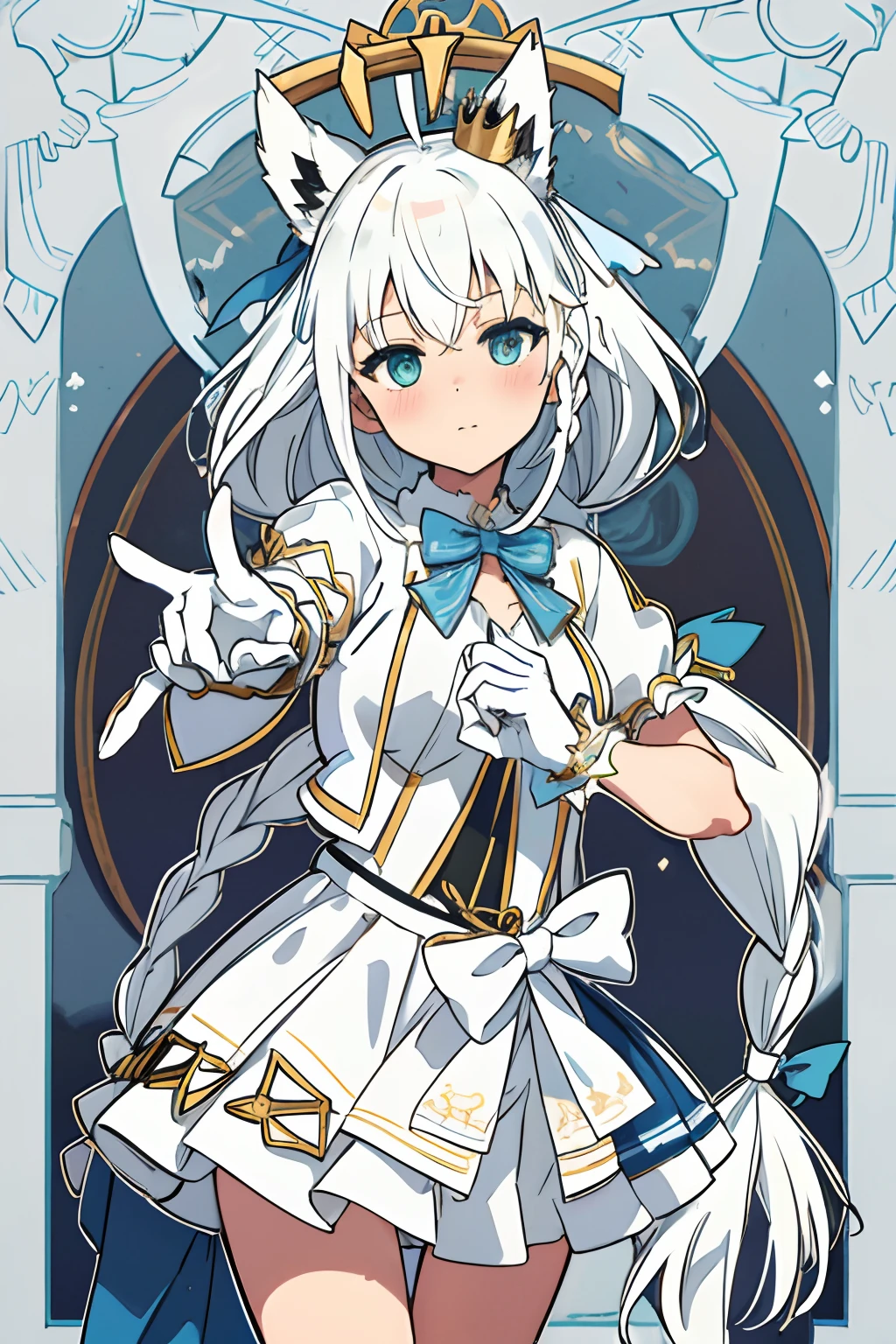 masterpiece, (absurdres, highres, ultra detailed),fubukiidol, twin braids, ho****ve idol uniform, layered skirt, white gloves, mini crown, blue bowtie, bow, white hair, single side braid, \tarot\, Symbolism, Visual art, Occult, Universal, Vision casting, Philosophical, Iconography, Numerology, Popularity, Artistic, Alfons Mucha