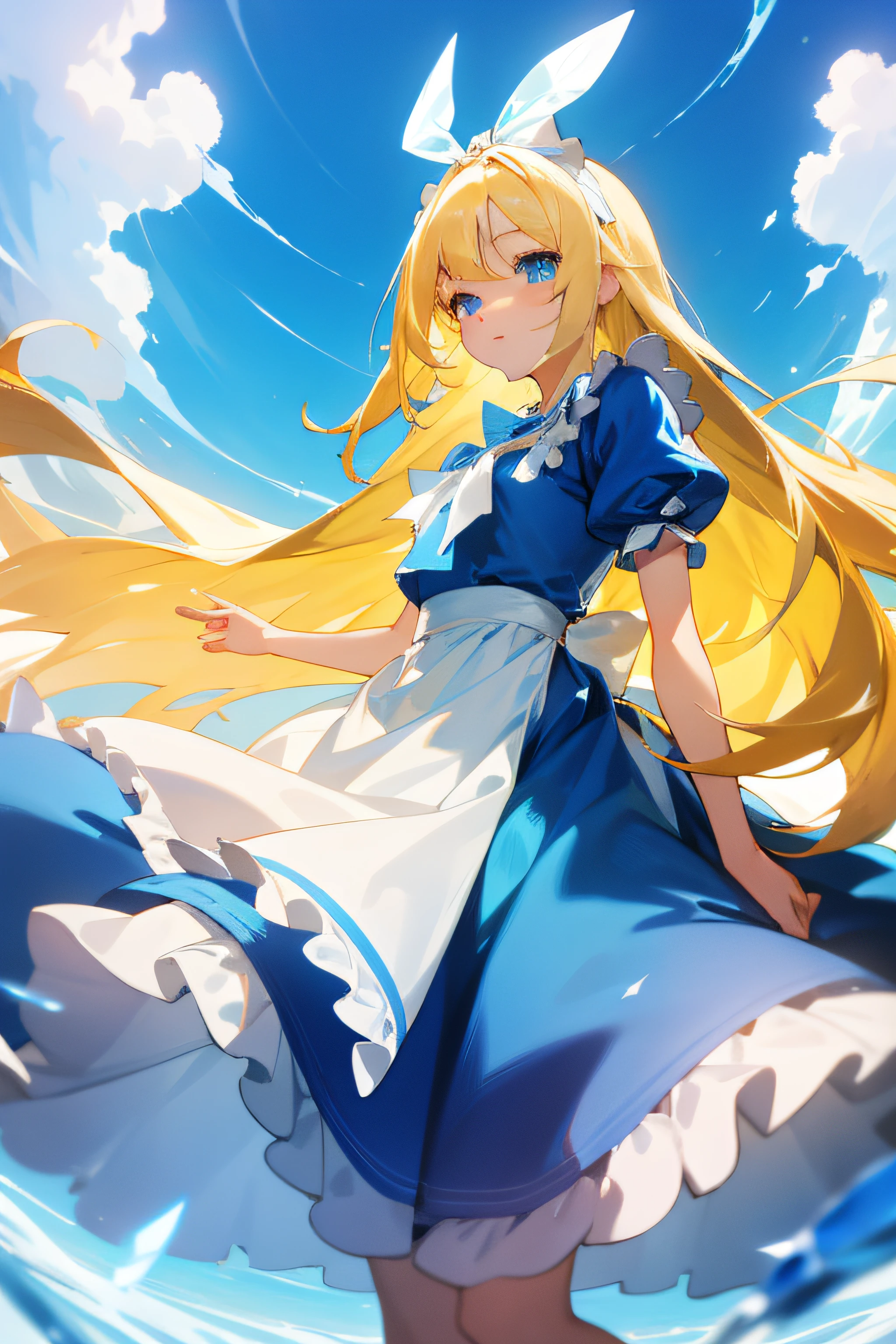 1girll,alice in the wonderland,Blue sky、Bright and very beautiful face、young and shiny white shiny skin、Best Looks、The most beautiful bright blonde hair in the world、finer hair、Super long silky straight hair、Beautiful bangs that shine、Glowing crystal clear big blue eyes、Very beautiful and cute 16 year old girl in the world、Blue Lolita dress,White apron