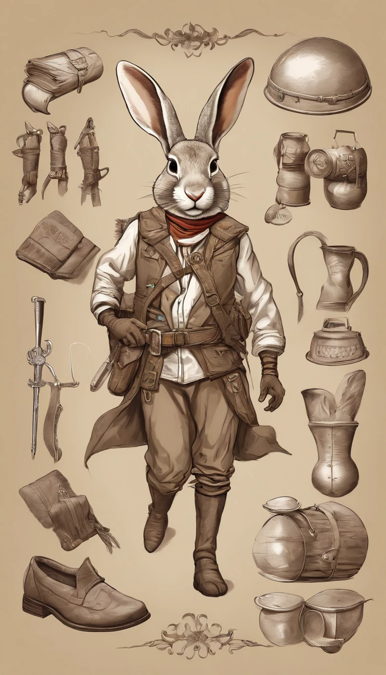 Anthropomorphic, adventurous rabbit, Goggles, rabbit head and rabbit tail, dressed in an explorer suit, with clothing designs and delicate clothing details in the style of Tomb Raider and Assassin Creed,Costumes and props for a warhammer fantasy RPG highwayman adventurer's kit and gear, knolling, knolling layout, earth tones, natural materials, Deconstructed, highly detailed, depth,abstract modern art trippy psychedelic colorful surrealism :: retro futuristic sci-fi fantasyThe Jetsons glamour and adventure, artista aaaron, beautiful artworks for desktop, smartphone, wallpaper, in the style of adventure themed, colorful melancholy, 8k resolution, hikecore, 2d, colorful