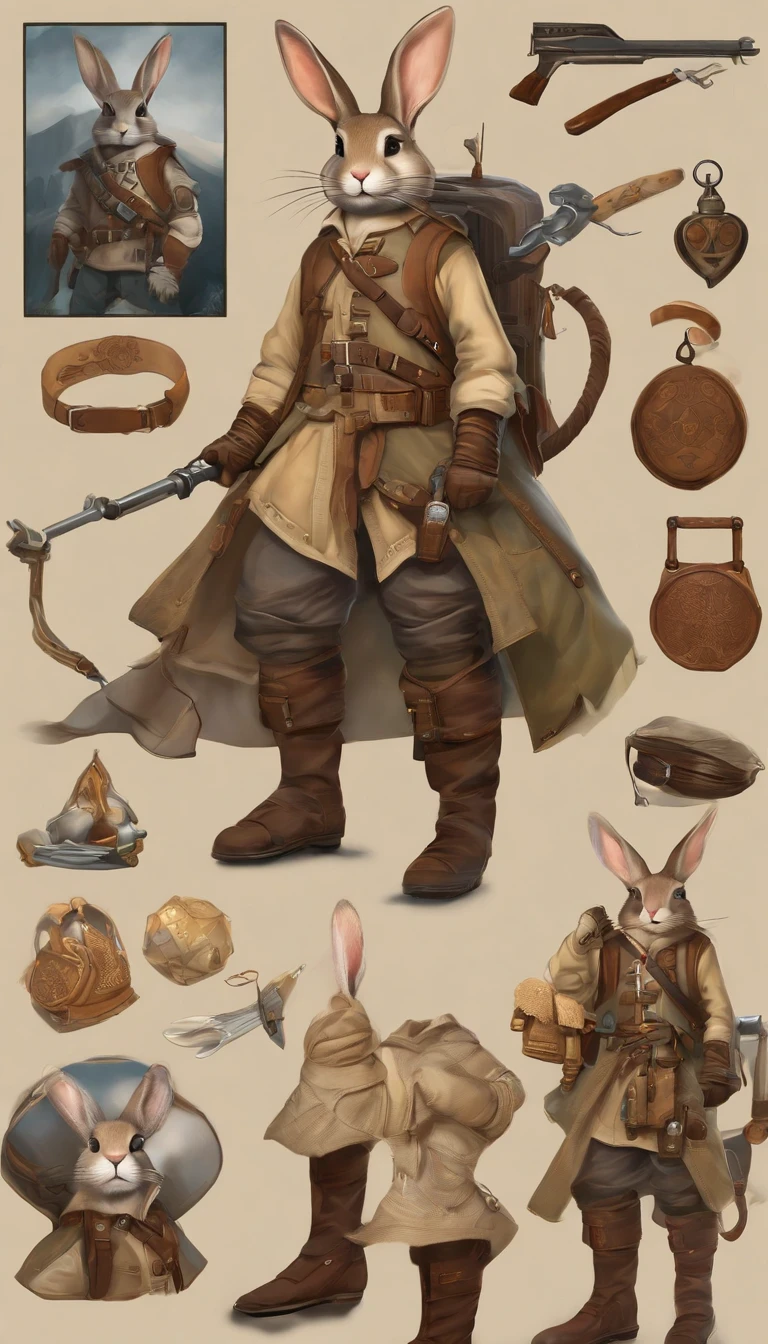 Anthropomorphic, adventurous rabbit, Goggles, rabbit head and rabbit tail, dressed in an explorer suit, with clothing designs and delicate clothing details in the style of Tomb Raider and Assassin Creed,Costumes and props for a warhammer fantasy RPG highwayman adventurer's kit and gear, knolling, knolling layout, earth tones, natural materials, Deconstructed, highly detailed, depth,abstract modern art trippy psychedelic colorful surrealism :: retro futuristic sci-fi fantasyThe Jetsons glamour and adventure, artista aaaron, beautiful artworks for desktop, smartphone, wallpaper, in the style of adventure themed, colorful melancholy, 8k resolution, hikecore, 2d, colorful