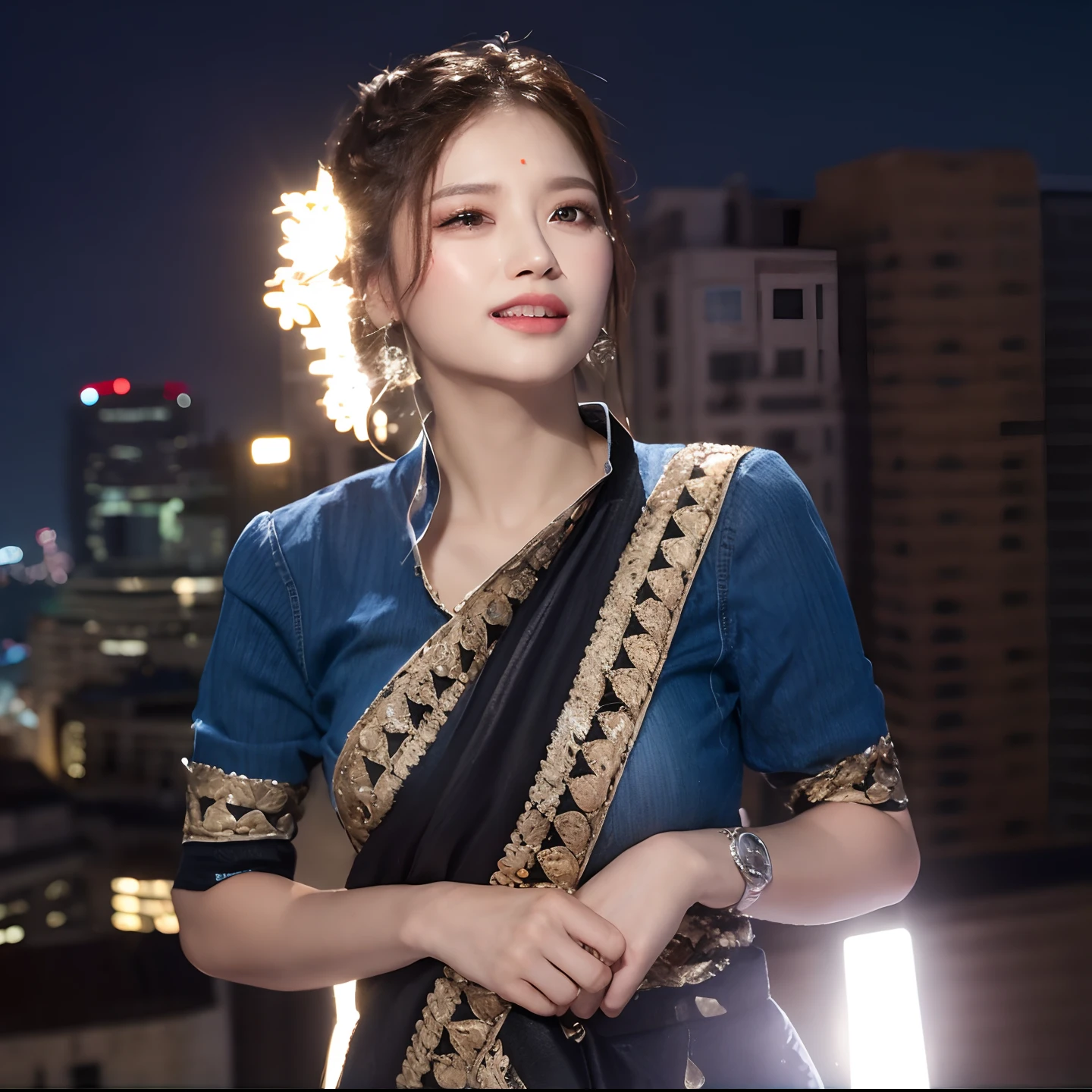 ((Midnight, Best quality, 8k, Masterpiece :1.3)), Whole body, Long legs, Sharp focus :1.2, A pretty woman with perfect figure :1.4, Slender abs :1.1, ((Dark brown hair, Big breasts :1.2)), (White tight tshirt, Jean bib, Standing:1.2), ((Night city view, Rooftop:1.3)), Highly detailed face and skin texture, Detailed eyes, Double eyelid