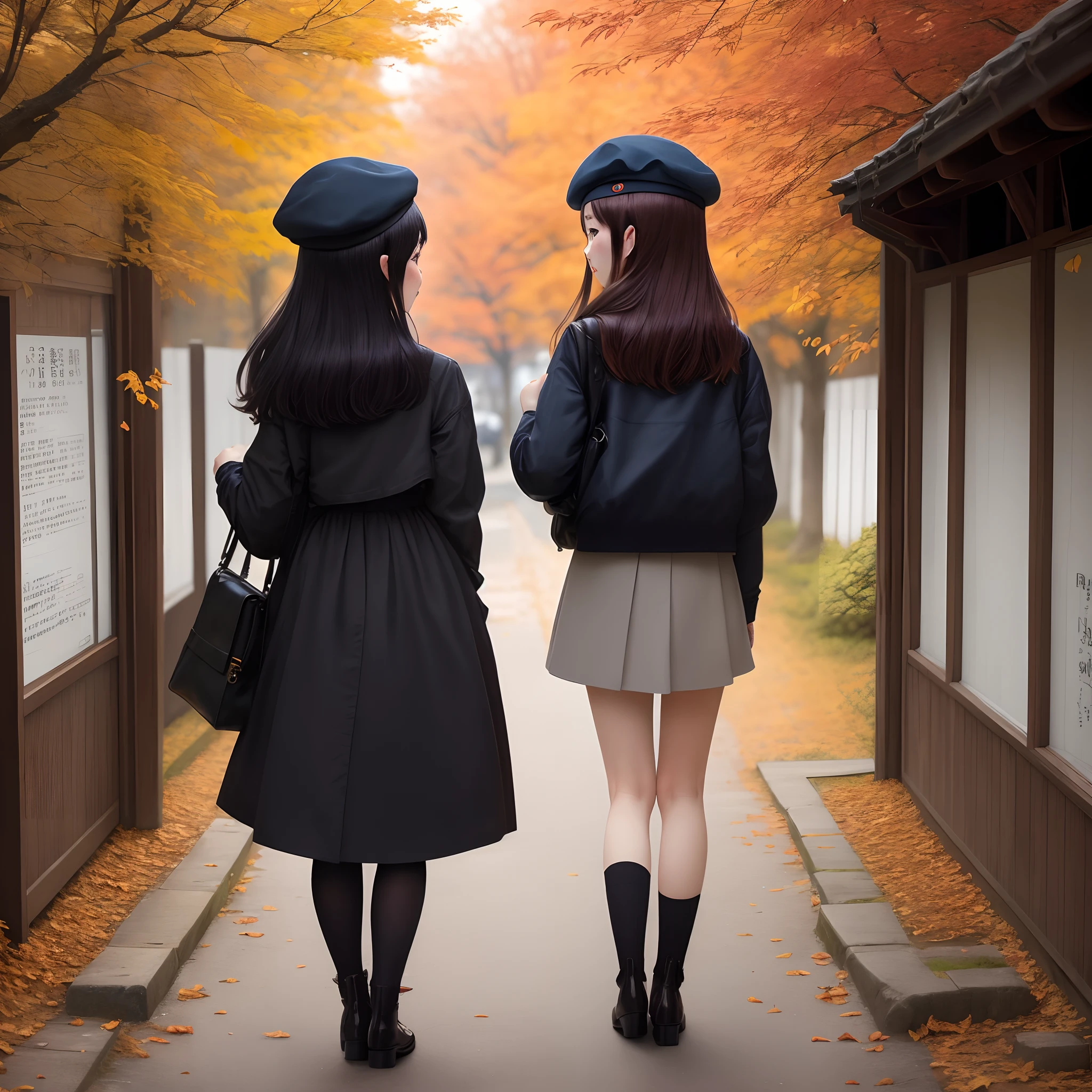 autumnal、Colored leaves、A dark-haired、girl with、beret、Rear view