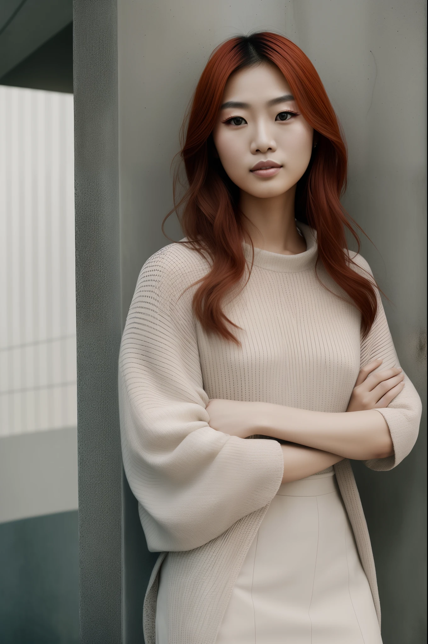 Portrait of beautiful asian fashion model with pale red hair, ethereal dreamy foggy, photoshoot by annie leibovitz, editorial fashion magazine photoshoot, fashion poses, in front of brutalist building architecture. kinfolk magazine. film grain. a soft smile --auto --s2