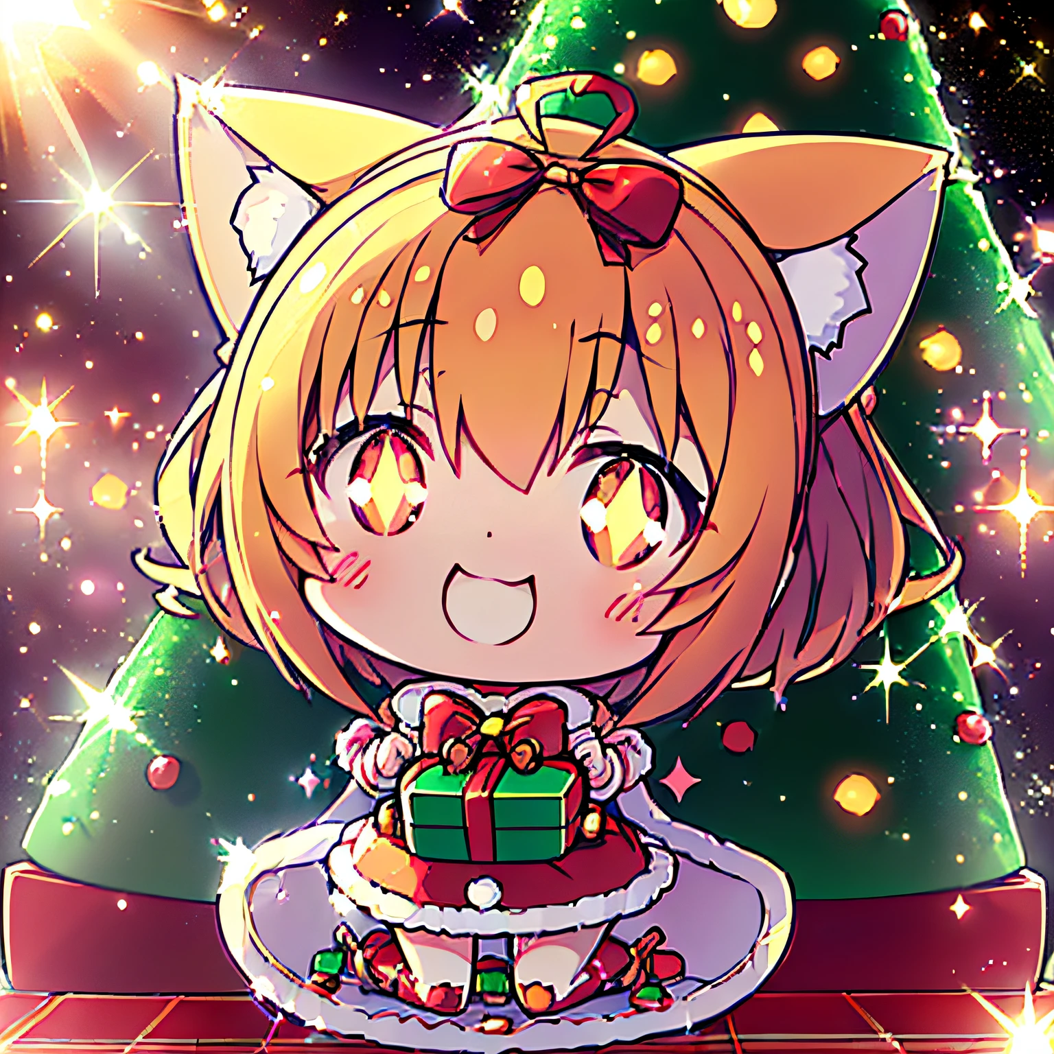 tchibi, (nendoroid), (Nekomimi, Chemomi Girl), plump shiny lips, Beautiful clear eyes, (The best smile), Spoken Heart, (santa costume:1.2), ((🎁,Big Present Box:1.3)), (Big Christmas Tree:1.2), (Stained glass window background), (light Particle, light glow, llight rays:1.4), masutepiece,Best Quality, ultra-detailliert,Masterpiece,