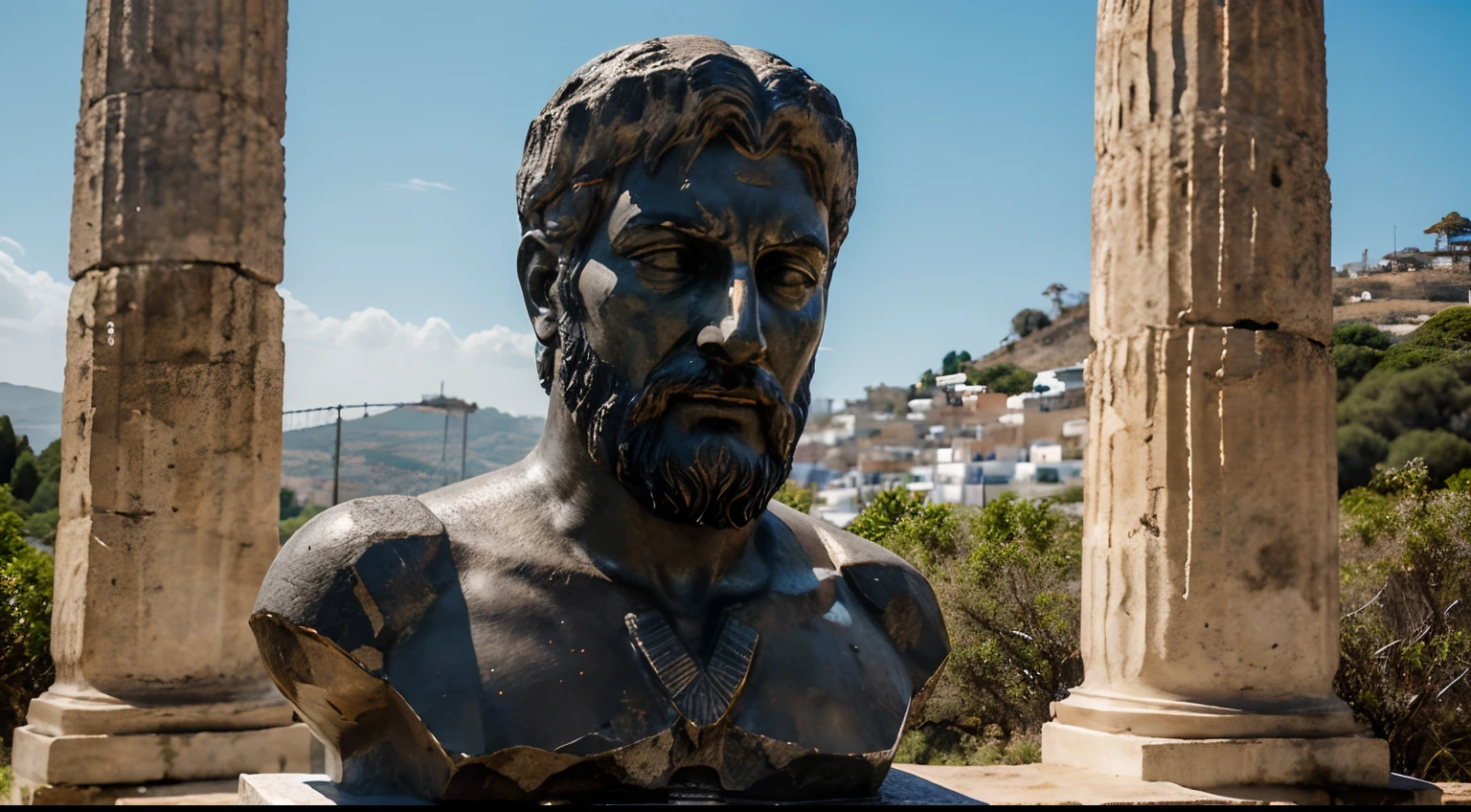 Ancient Stoic Statue With Very Angry Expression, tem barba, muitos detalhes em ambos os olhos, Outside, fundo atenas grego, open sky, com rosto extremamente detalhado full body view, Colors with low saturation with dark tone, Filmado em Sony A7S III com Sony FE 35mm f/1.8, 12.1 MP, --AR 3:2 --estilo cru