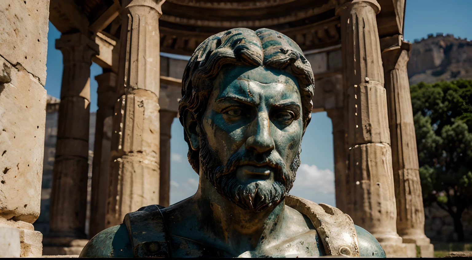 Ancient Stoic Statue With Very Angry Expression, tem barba, muitos detalhes em ambos os olhos, Outside, fundo atenas grego, open sky, com rosto extremamente detalhado full body view, Colors with low saturation with dark tone, Filmado em Sony A7S III com Sony FE 35mm f/1.8, 12.1 MP, --AR 3:2 --estilo cru