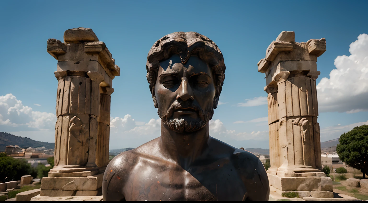 Ancient Stoic Statue With Very Angry Expression, tem barba, muitos detalhes em ambos os olhos, Outside, fundo atenas grego, open sky, com rosto extremamente detalhado full body view, Colors with low saturation with dark tone, Filmado em Sony A7S III com Sony FE 35mm f/1.8, 12.1 MP, --AR 3:2 --estilo cru