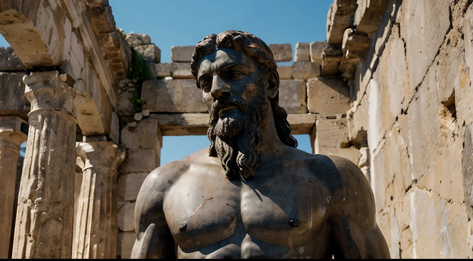 Ancient Stoic Statue With Very Angry Expression, tem barba, muitos detalhes em ambos os olhos, Outside, fundo atenas grego, open sky, com rosto extremamente detalhado full body view, Colors with low saturation with dark tone, Filmado em Sony A7S III com Sony FE 35mm f/1.8, 12.1 MP, --AR 3:2 --estilo cru