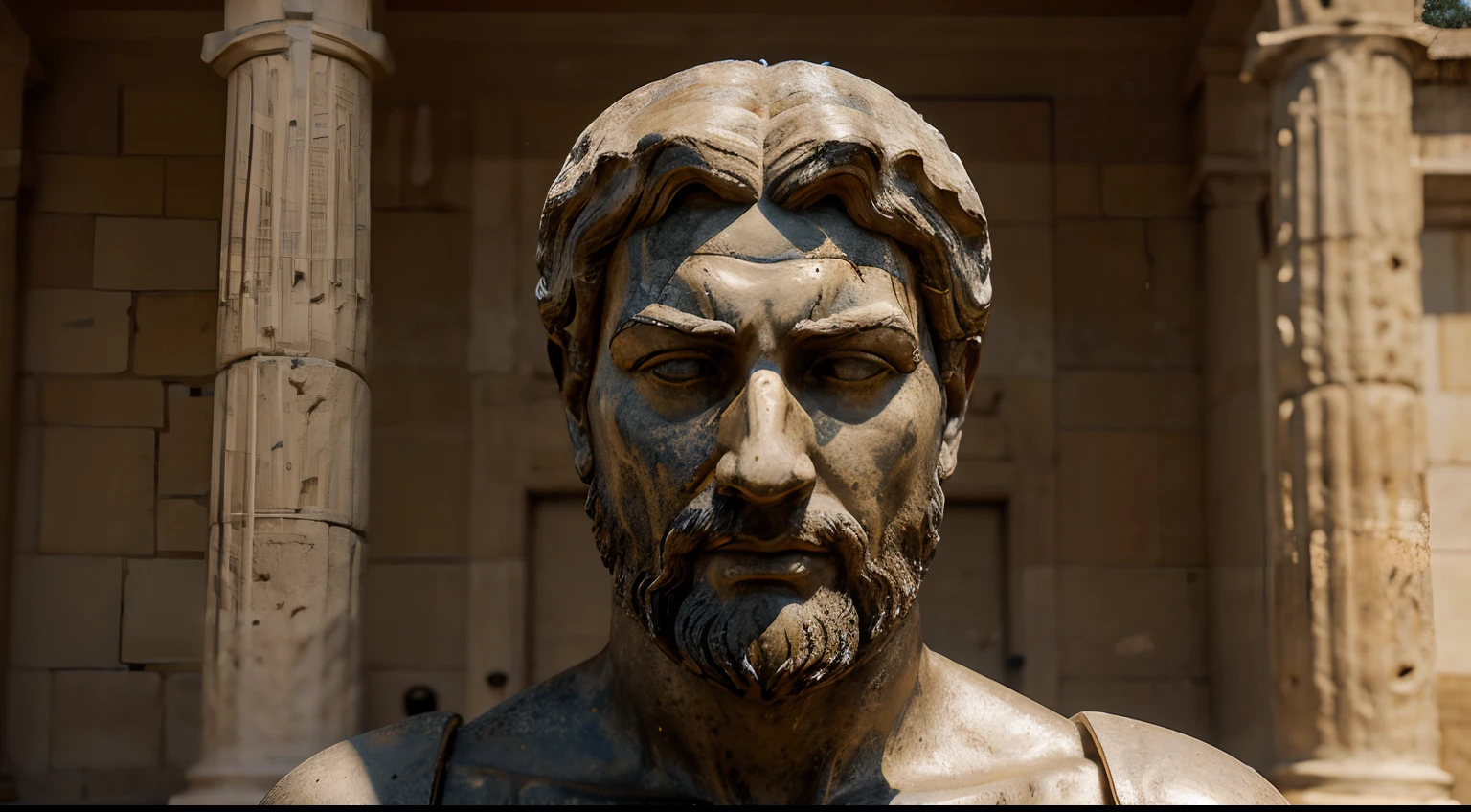 Ancient Stoic Statue With Very Angry Expression, tem barba, muitos detalhes em ambos os olhos, Outside, fundo atenas grego, open sky, com rosto extremamente detalhado full body view, Colors with low saturation with dark tone, Filmado em Sony A7S III com Sony FE 35mm f/1.8, 12.1 MP, --AR 3:2 --estilo cru