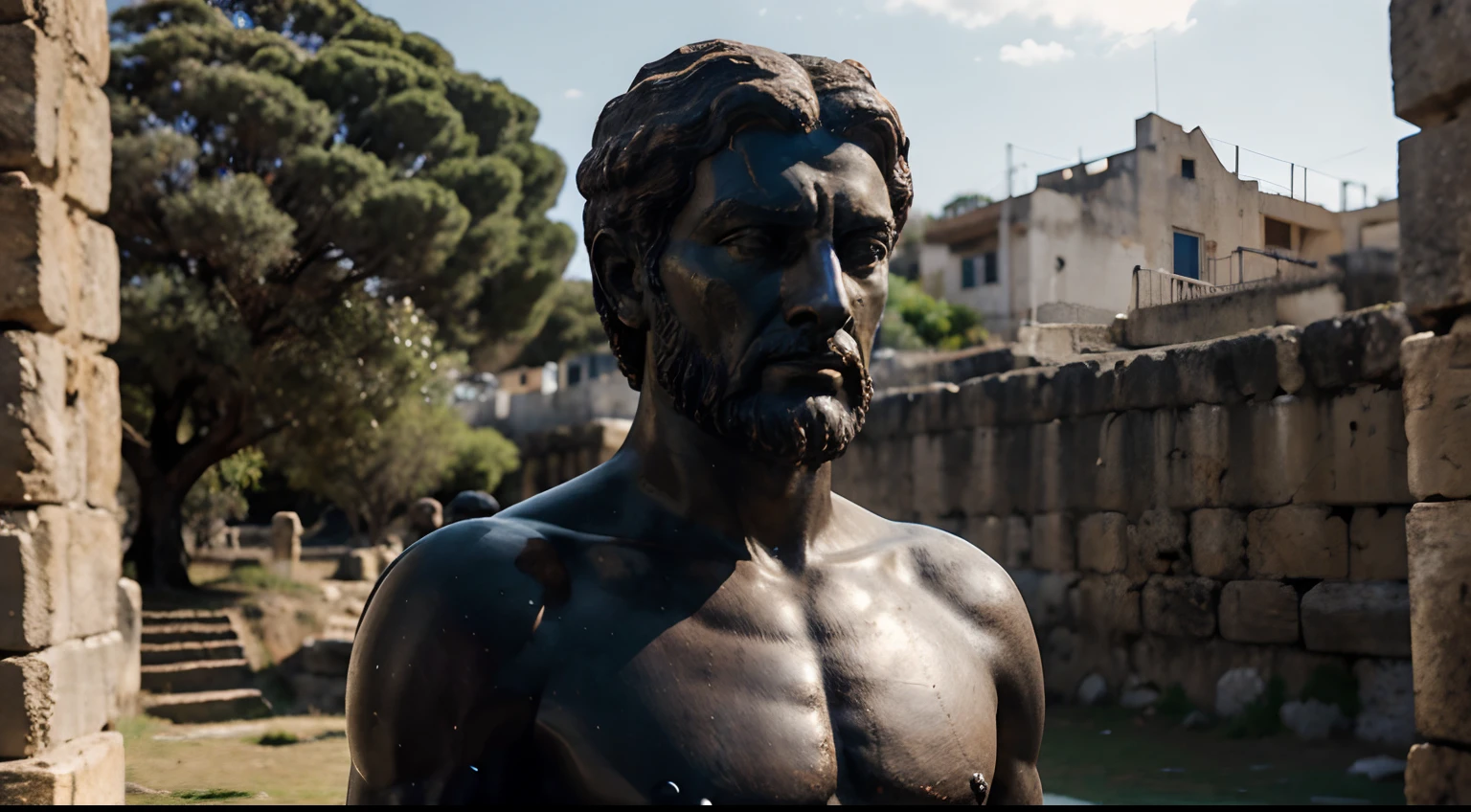 Ancient Stoic Statue With Very Angry Expression, tem barba, muitos detalhes em ambos os olhos, Outside, fundo atenas grego, open sky, com rosto extremamente detalhado full body view, Colors with low saturation with dark tone, Filmado em Sony A7S III com Sony FE 35mm f/1.8, 12.1 MP, --AR 3:2 --estilo cru