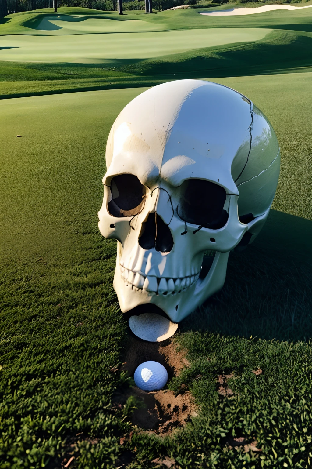 Skull lying on the golf course, jour, hot weather,