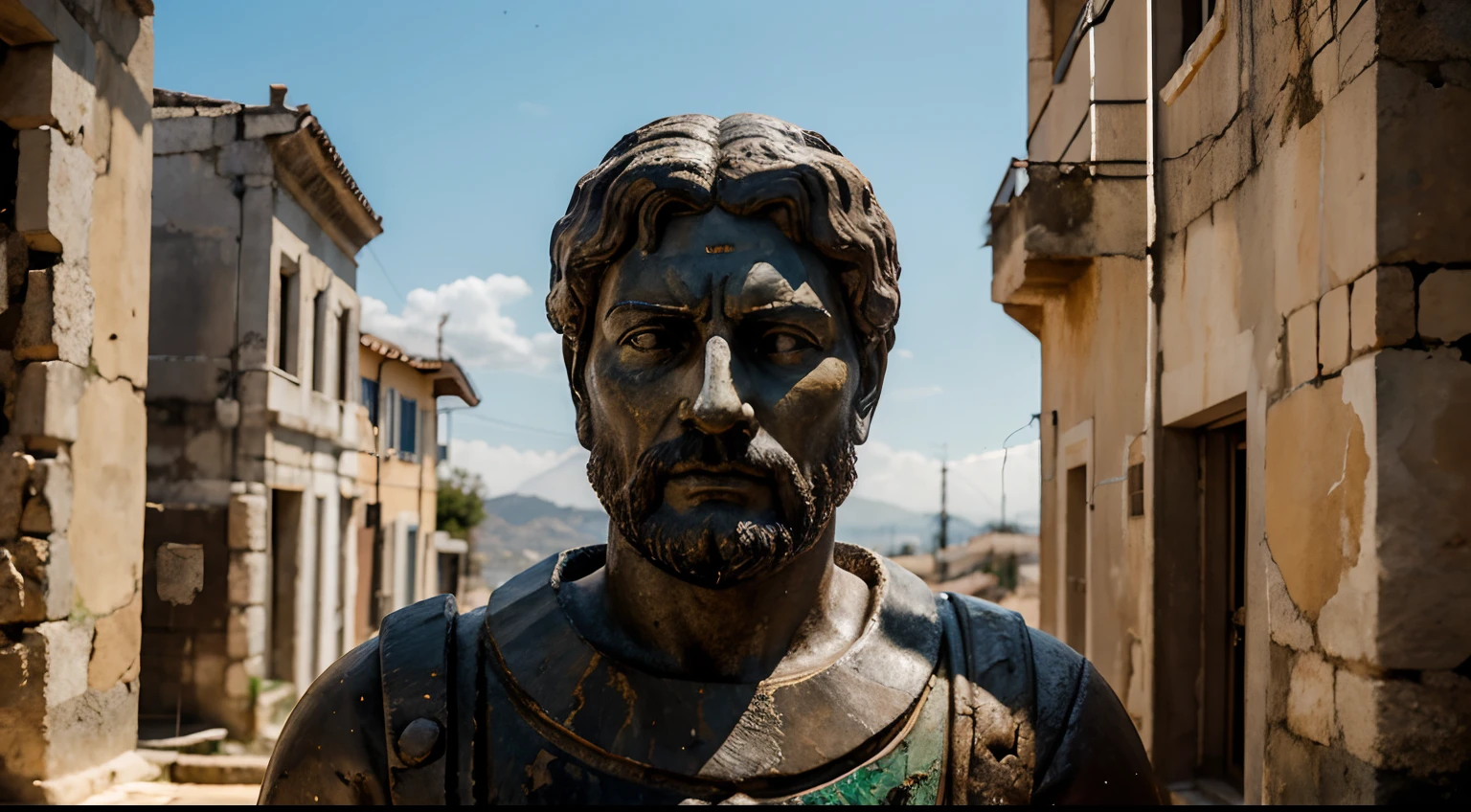 Ancient Stoic Statue With Very Angry Expression, tem barba, muitos detalhes em ambos os olhos, Outside, fundo atenas grego, open sky, com rosto extremamente detalhado full body view, Colors with low saturation with dark tone, Filmado em Sony A7S III com Sony FE 35mm f/1.8, 12.1 MP, --AR 3:2 --estilo cru