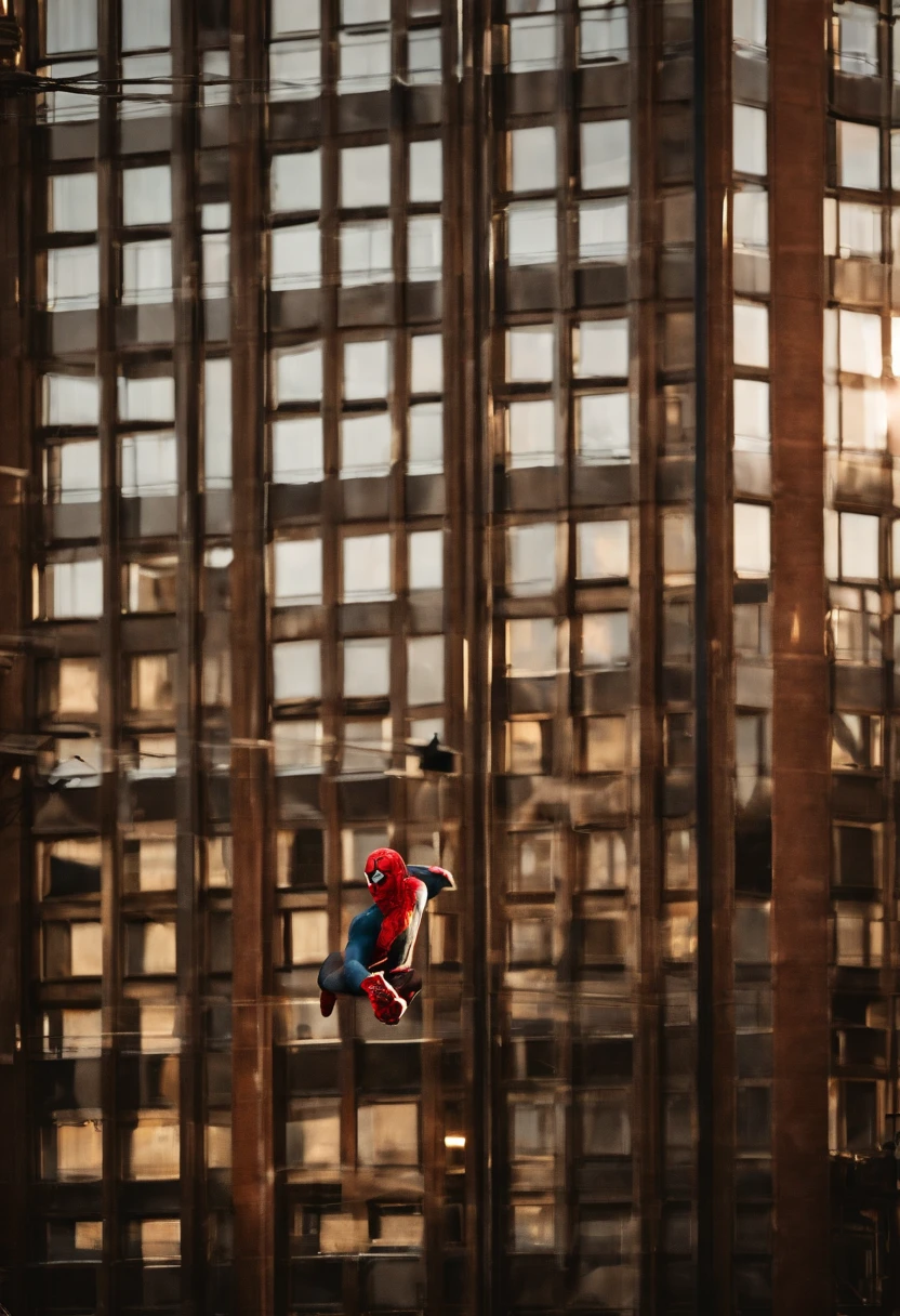 Spiderman swinging on his web beside the side of a building in NYC, reflection in the window beside him, golden hour, cinematic light, dramatic, crystal clear image