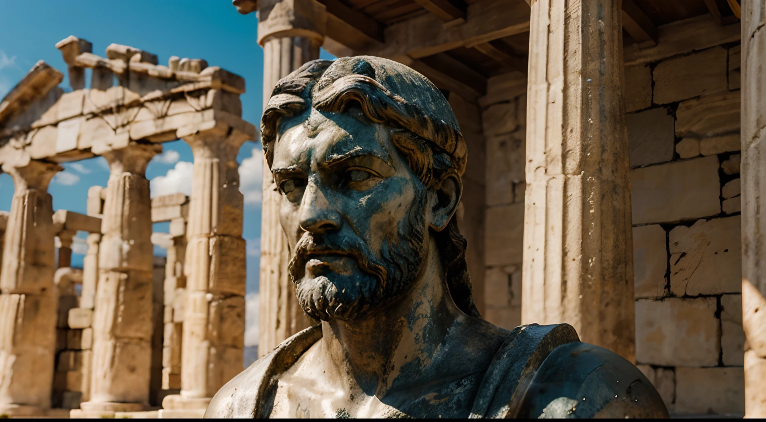 Ancient Stoic Statue With Very Angry Expression, tem barba, muitos detalhes em ambos os olhos, Outside, fundo atenas grego, open sky, com rosto extremamente detalhado full body view, Colors with low saturation with dark tone, Filmado em Sony A7S III com Sony FE 35mm f/1.8, 12.1 MP, --AR 3:2 --estilo cru