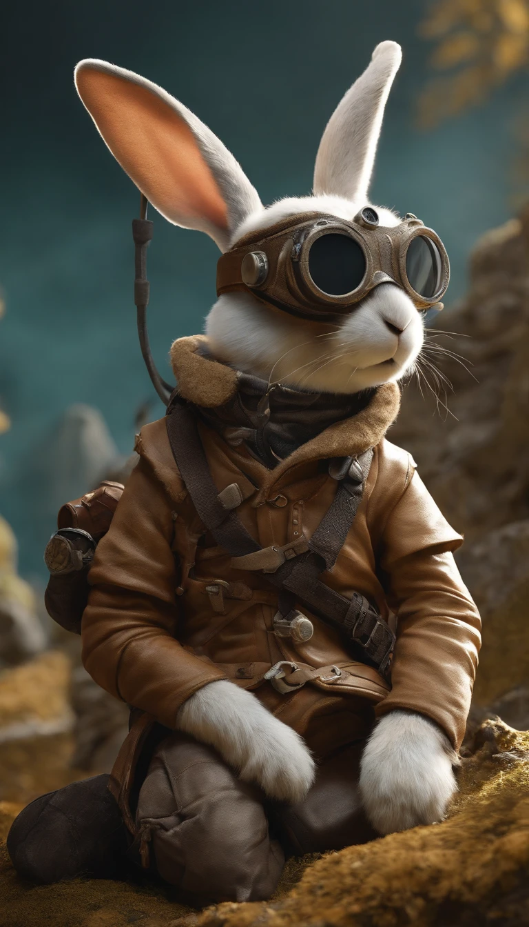Anthropomorphic, adventurous rabbit, Goggles, rabbit head and rabbit tail, dressed in an explorer suit, with clothing designs and delicate clothing details in the style of Tomb Raider and Assassin Creed,Costumes and props for a warhammer fantasy RPG highwayman adventurer's kit and gear, knolling, knolling layout, earth tones, natural materials, Deconstructed, highly detailed, depth,abstract modern art trippy psychedelic colorful surrealism :: retro futuristic sci-fi fantasyThe Jetsons glamour and adventure, artista aaaron, beautiful artworks for desktop, smartphone, wallpaper, in the style of adventure themed, colorful melancholy, 8k resolution, hikecore, 2d, colorful