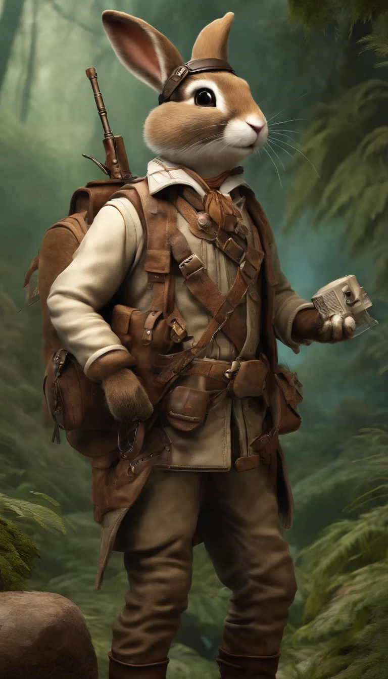 Anthropomorphic, adventurous rabbit, Goggles, rabbit head and rabbit tail, dressed in an explorer suit, with clothing designs and delicate clothing details in the style of Tomb Raider and Assassin Creed,Costumes and props for a warhammer fantasy RPG highwayman adventurer's kit and gear, knolling, knolling layout, earth tones, natural materials, Deconstructed, highly detailed, depth,abstract modern art trippy psychedelic colorful surrealism :: retro futuristic sci-fi fantasyThe Jetsons glamour and adventure, artista aaaron, beautiful artworks for desktop, smartphone, wallpaper, in the style of adventure themed, colorful melancholy, 8k resolution, hikecore, 2d, colorful
