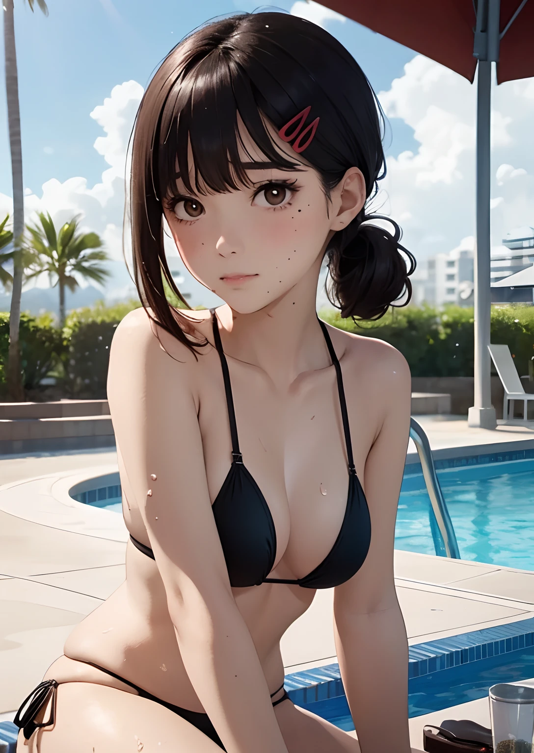 masterpiece, best quality, hi-res,, one girl, solo, brown eyes, medium hair, black hair, hair ornament, hairclip, mole, mole under eye,,, bangs, eyebrows, slingshot bikini, poolside, wet,