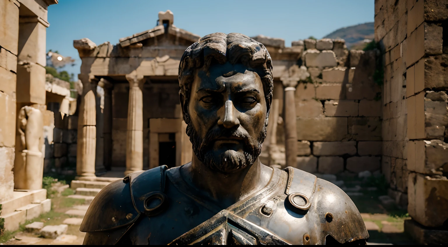 Ancient Stoic Statue With Very Angry Expression, tem barba, muitos detalhes em ambos os olhos, Outside, fundo atenas grego, open sky, com rosto extremamente detalhado full body view, Colors with low saturation with dark tone, Filmado em Sony A7S III com Sony FE 35mm f/1.8, 12.1 MP, --AR 3:2 --estilo cru