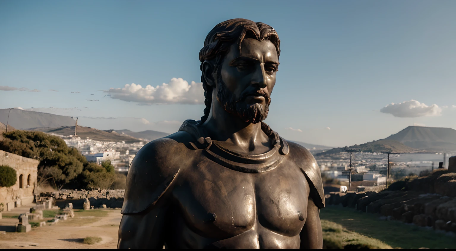 Ancient Stoic Statue With Very Angry Expression, tem barba, muitos detalhes em ambos os olhos, Outside, fundo atenas grego, open sky, com rosto extremamente detalhado full body view, Colors with low saturation with dark tone, Filmado em Sony A7S III com Sony FE 35mm f/1.8, 12.1 MP, --AR 3:2 --estilo cru