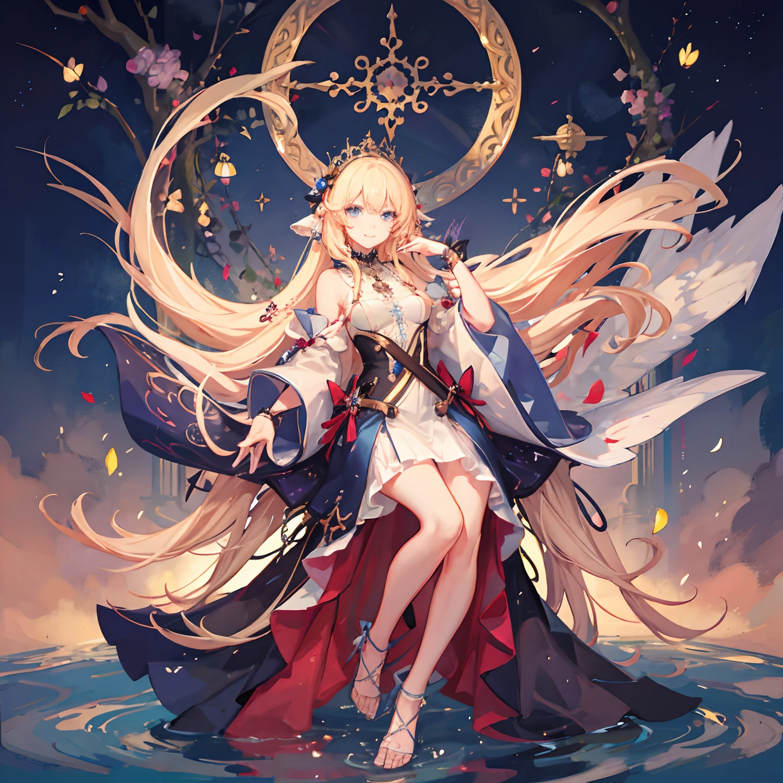 ((masutepiece)), ((Best Quality)), (Ultra-detailed), Illustration, Full body, sacred place, evening, Pretty women, Solo, Princess Long Dress, beautiful blond hair, Beautiful blue eyes, ((Beautiful eyes)), Long hair, Gentle smile, rainbow, A light