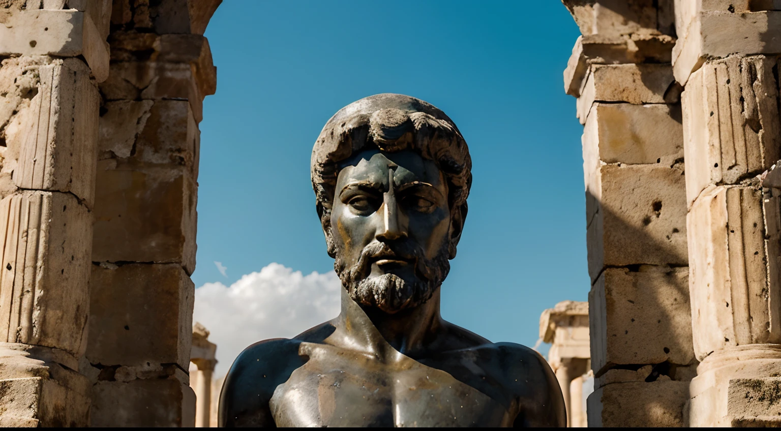 Ancient Stoic Statue With Very Angry Expression, tem barba, muitos detalhes em ambos os olhos, Outside, fundo atenas grego, open sky, com rosto extremamente detalhado full body view, Colors with low saturation with dark tone, Filmado em Sony A7S III com Sony FE 35mm f/1.8, 12.1 MP, --AR 3:2 --estilo cru