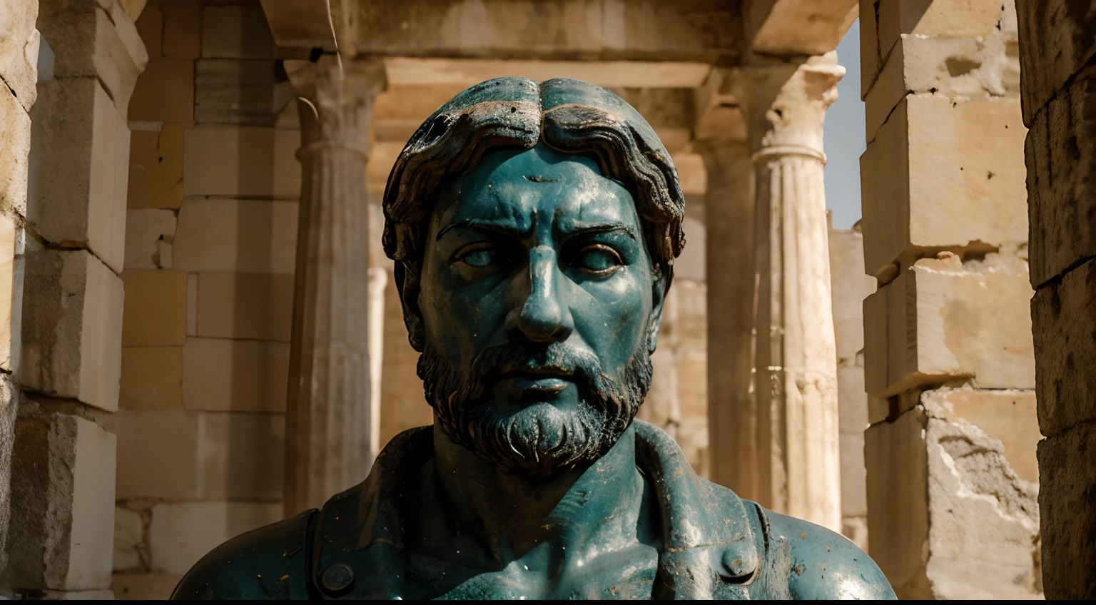 Ancient Stoic Statue With Very Angry Expression, tem barba, muitos detalhes em ambos os olhos, Outside, fundo atenas grego, open sky, com rosto extremamente detalhado full body view, Colors with low saturation with dark tone, Filmado em Sony A7S III com Sony FE 35mm f/1.8, 12.1 MP, --AR 3:2 --estilo cru