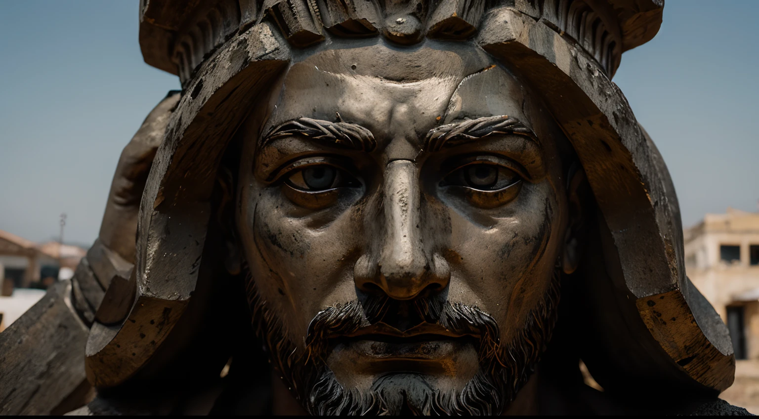 Ancient Stoic Statue With Very Angry Expression, tem barba, muitos detalhes em ambos os olhos, Outside, fundo atenas grego, open sky, com rosto extremamente detalhado full body view, Colors with low saturation with dark tone, Filmado em Sony A7S III com Sony FE 35mm f/1.8, 12.1 MP, --AR 3:2 --estilo cru