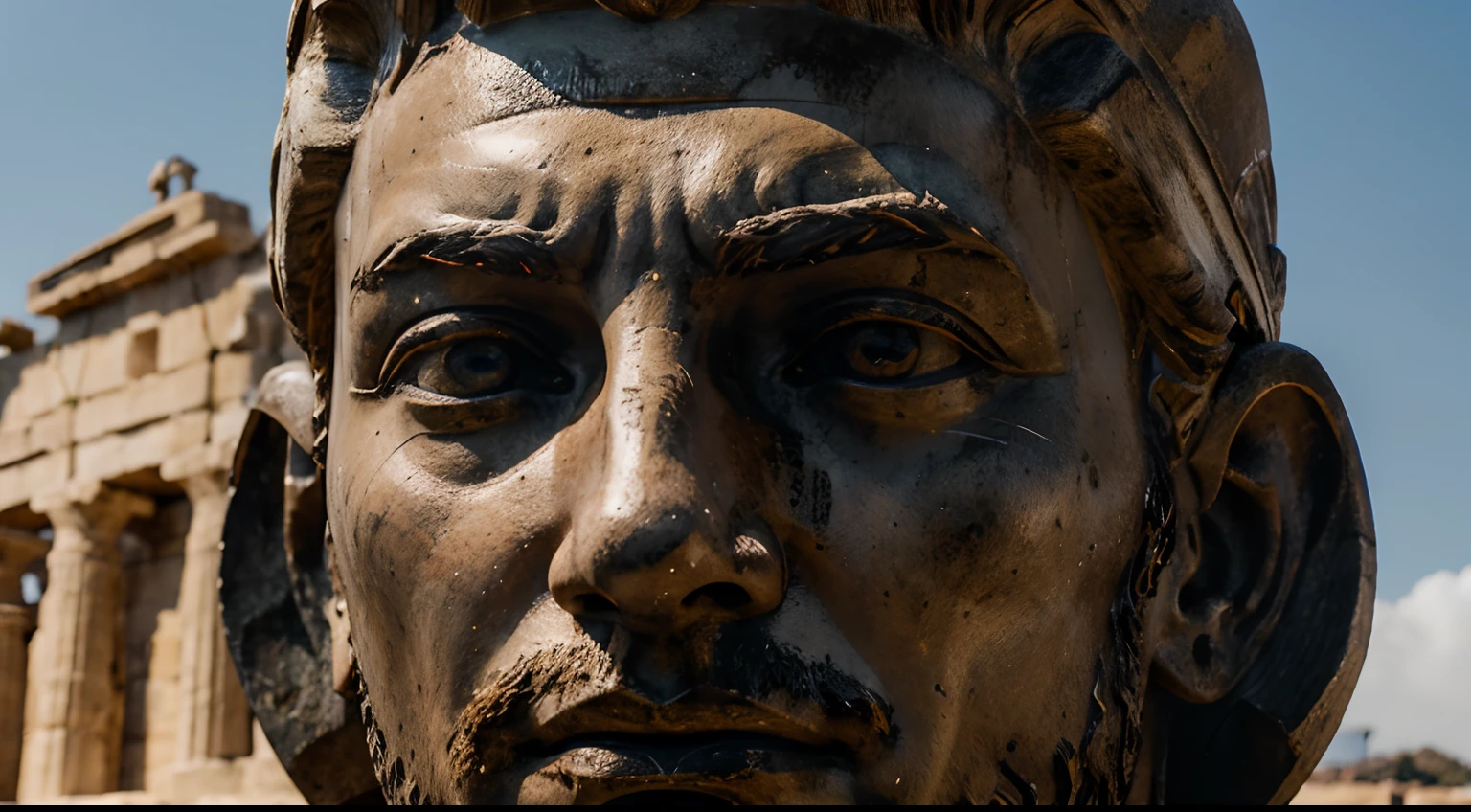 Ancient Stoic Statue With Very Angry Expression, tem barba, muitos detalhes em ambos os olhos, Outside, fundo atenas grego, open sky, com rosto extremamente detalhado full body view, Colors with low saturation with dark tone, Filmado em Sony A7S III com Sony FE 35mm f/1.8, 12.1 MP, --AR 3:2 --estilo cru