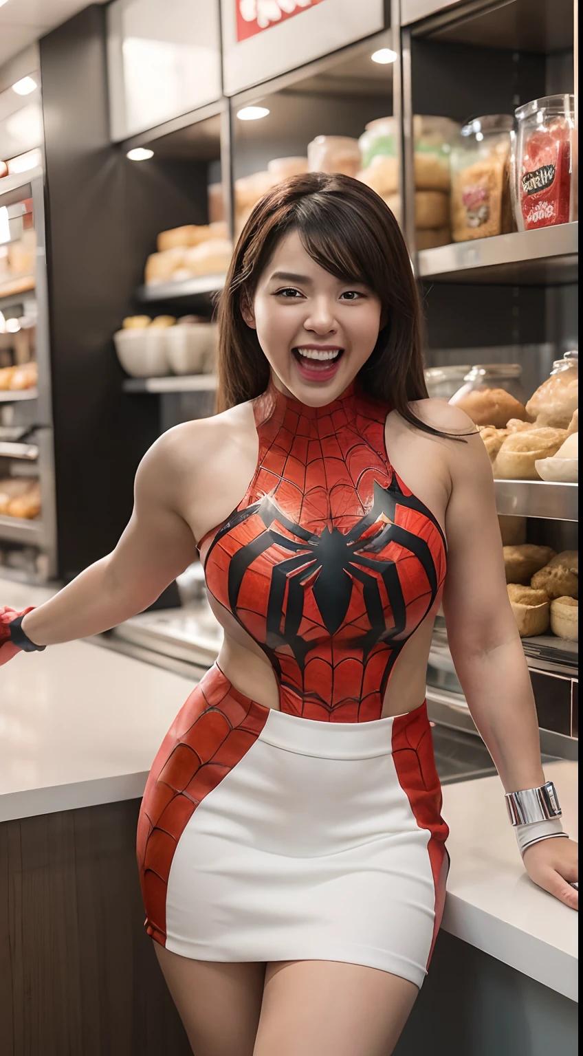 A woman who is，fatness,Fat and ugly，,Weight 300 lbs，Succulent，happy laughing，open open mouth，Stick out her tongue,strong muscle,Wearing a white Spider-Man outfit，short  skirt，(Simetall:1.2)，in milk tea shops，Sit Pose，There was a lot of food on the table，hamburger，Coke，kfc,Classic Spider-Man set,spiderman outfit, dynamicposes，supspr, four red metal legs, silver bracelets,