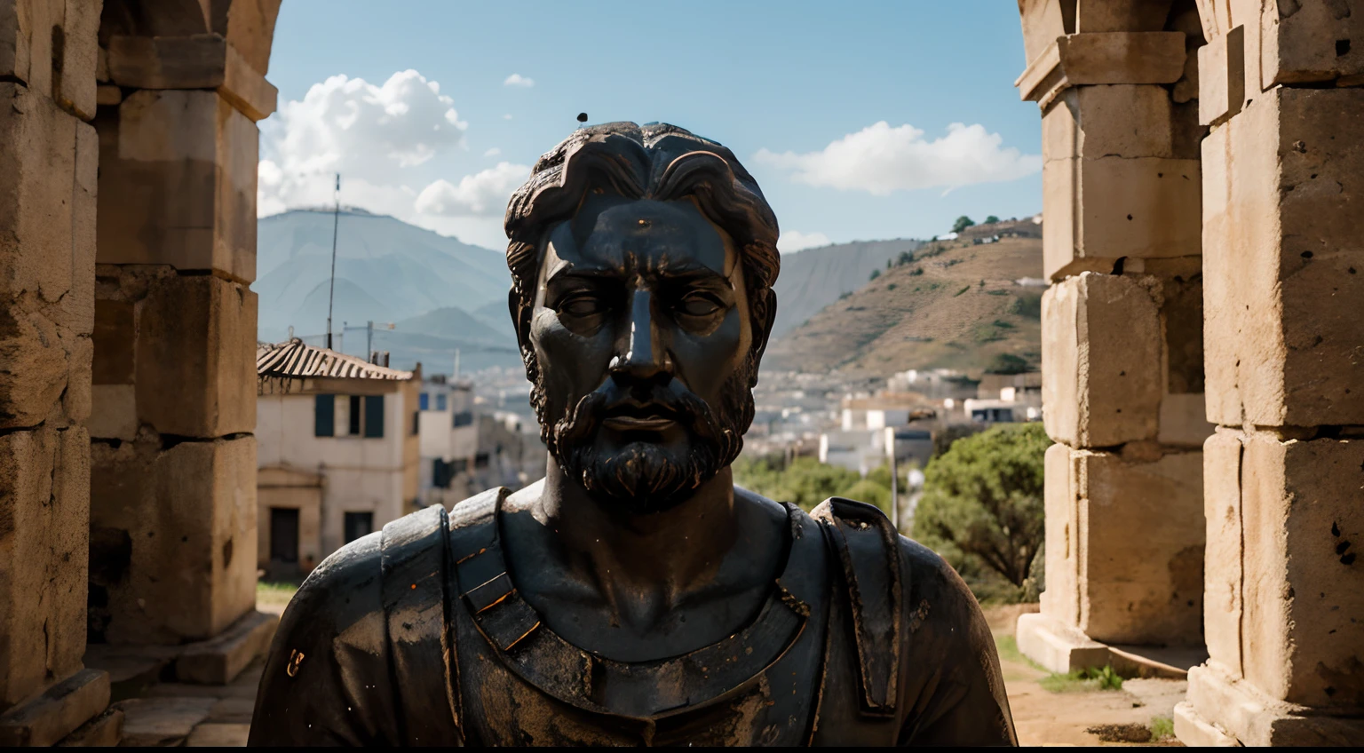 Ancient Stoic Statue With Very Angry Expression, tem barba, muitos detalhes em ambos os olhos, Outside, fundo atenas grego, open sky, com rosto extremamente detalhado full body view, Colors with low saturation with dark tone, Filmado em Sony A7S III com Sony FE 35mm f/1.8, 12.1 MP, --AR 3:2 --estilo cru