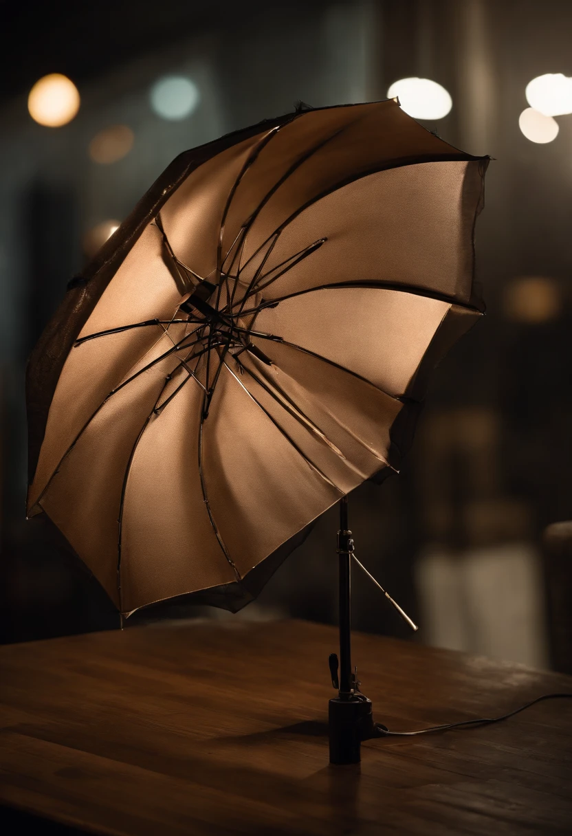 A spotlight lit photo of a hairstyling umbrella, advertised product as a designed idea