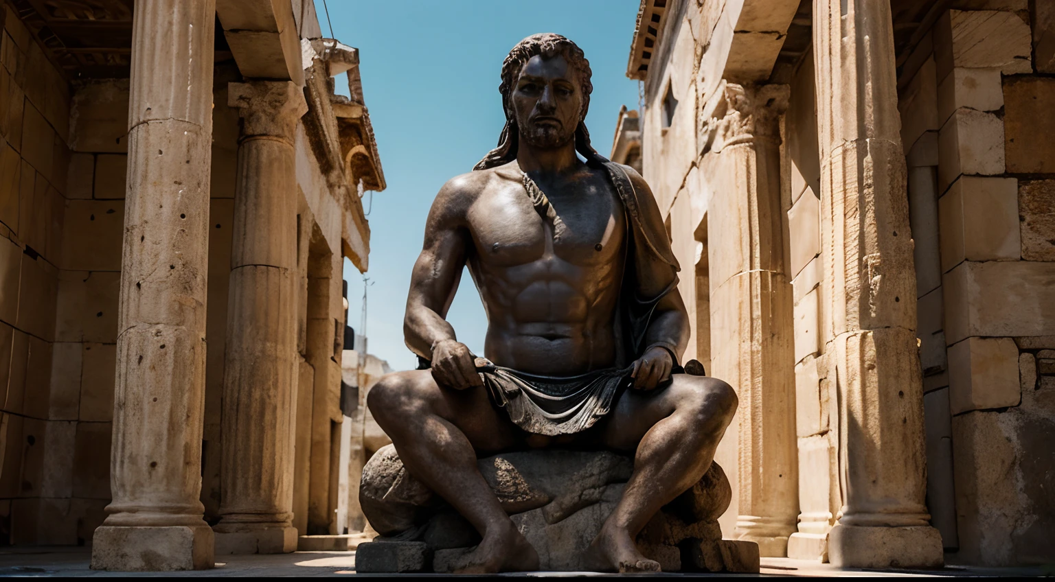 Ancient Stoic Statue With Very Angry Expression, tem barba, muitos detalhes em ambos os olhos, Outside, fundo atenas grego, open sky, com rosto extremamente detalhado full body view, Colors with low saturation with dark tone, Filmado em Sony A7S III com Sony FE 35mm f/1.8, 12.1 MP, --AR 3:2 --estilo cru