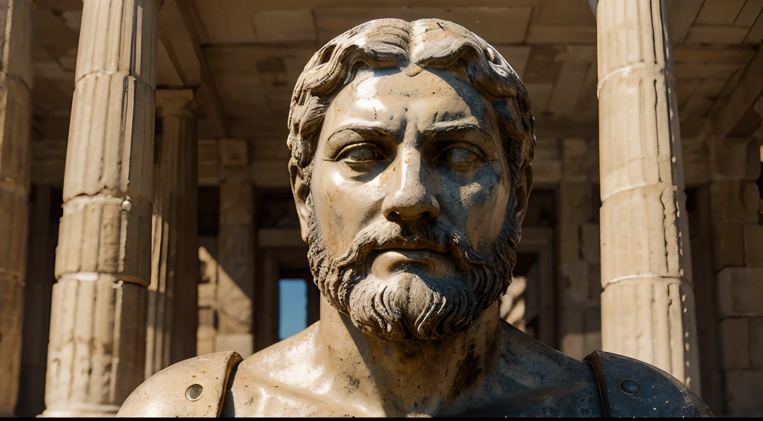 Ancient Stoic Statue With Very Angry Expression, tem barba, muitos detalhes em ambos os olhos, Outside, fundo atenas grego, open sky, com rosto extremamente detalhado full body view, Colors with low saturation with dark tone, Filmado em Sony A7S III com Sony FE 35mm f/1.8, 12.1 MP, --AR 3:2 --estilo cru
