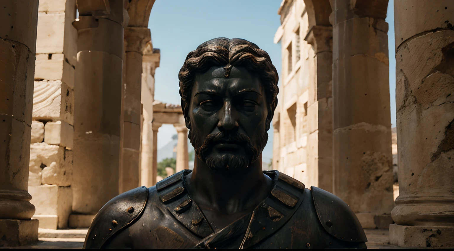 Ancient Stoic Statue With Very Angry Expression, tem barba, muitos detalhes em ambos os olhos, Outside, fundo atenas grego, open sky, com rosto extremamente detalhado full body view, Colors with low saturation with dark tone, Filmado em Sony A7S III com Sony FE 35mm f/1.8, 12.1 MP, --AR 3:2 --estilo cru