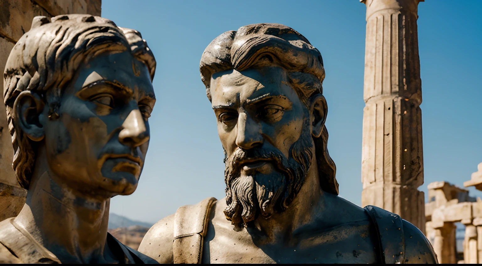 Ancient Stoic Statue With Very Angry Expression, tem barba, muitos detalhes em ambos os olhos, Outside, fundo atenas grego, open sky, com rosto extremamente detalhado full body view, Colors with low saturation with dark tone, Filmado em Sony A7S III com Sony FE 35mm f/1.8, 12.1 MP, --AR 3:2 --estilo cru