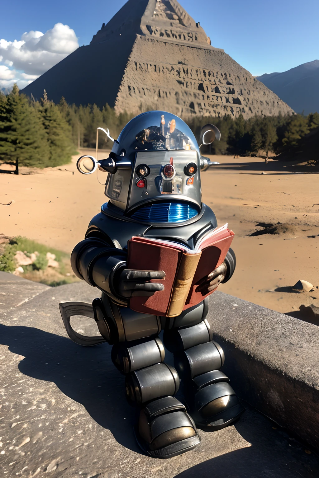 Cute little sympathetic android on aged metal, metal marrom enferrujado, luzes brilhantes, The robot is reading a book at the foot of a mountain surrounded by forest and in the background is a giant Inca pyramid.