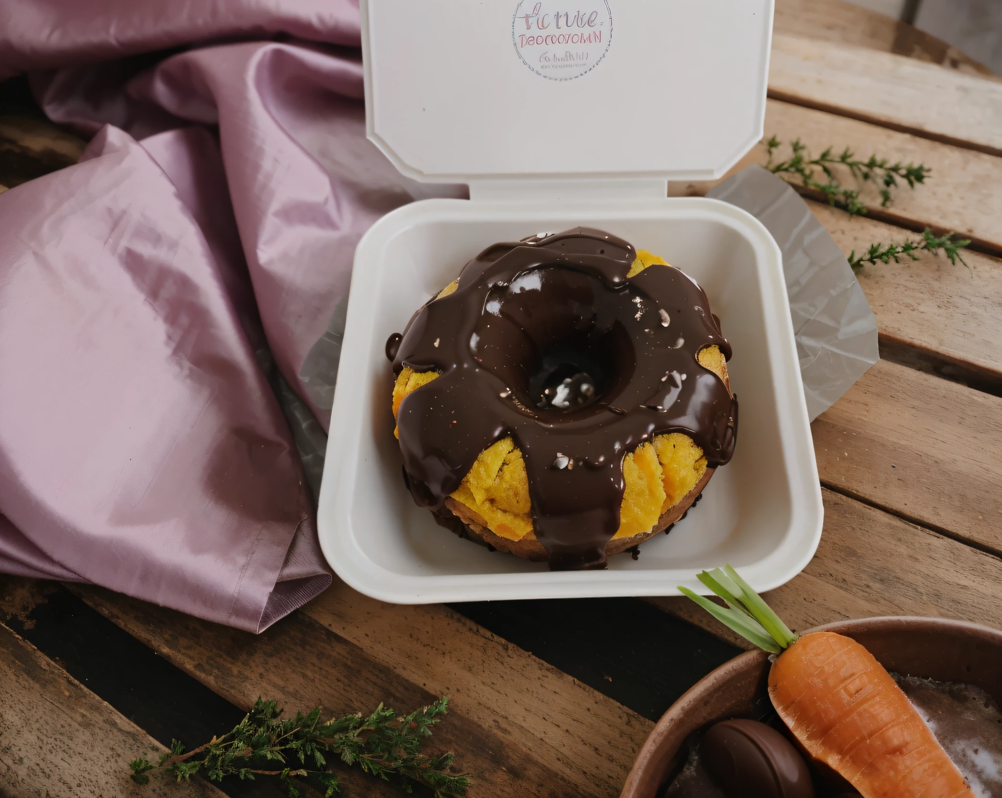 There's a chocolate donut in a box with a carrot in it, feito de vidrado, Foto do produto, fotografia do produto, Donut liquidificador, Donut, 4k polymer clay food photography, Vidrado, foto do produto de alta qualidade, Fotografia de comida de alta qualidade, 1614572159, 🦩🪐🐞👩🏻🦳, delicioso, cobertura de chocolate