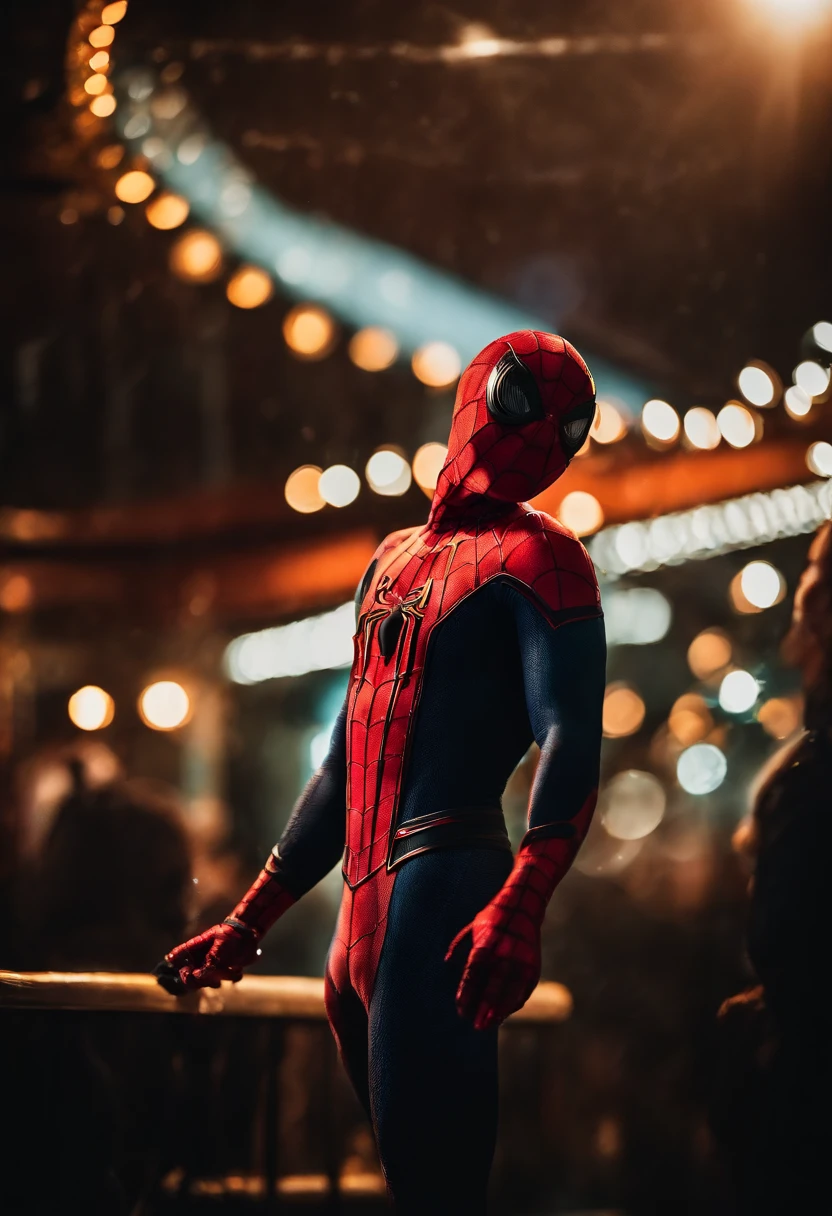 Spiderman as a stripper dancing around a pole in a nightclub, for cash, money falling from the sky, cinematic light, dramatic, crystal clear image