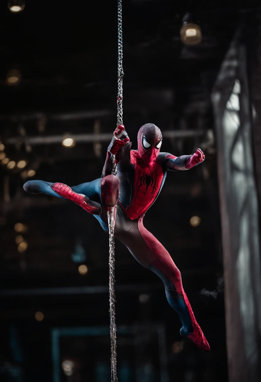Spiderman as a stripper dancing around a pole in a nightclub, for cash, money falling from the sky, cinematic light, dramatic, crystal clear image