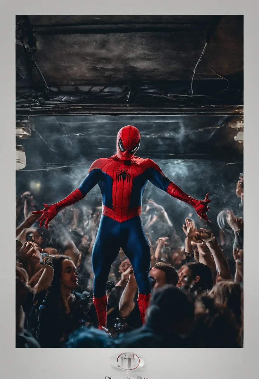 Spiderman as a stripper dancing around a pole in a nightclub, for cash, money falling from the sky, cinematic light, dramatic, crystal clear image
