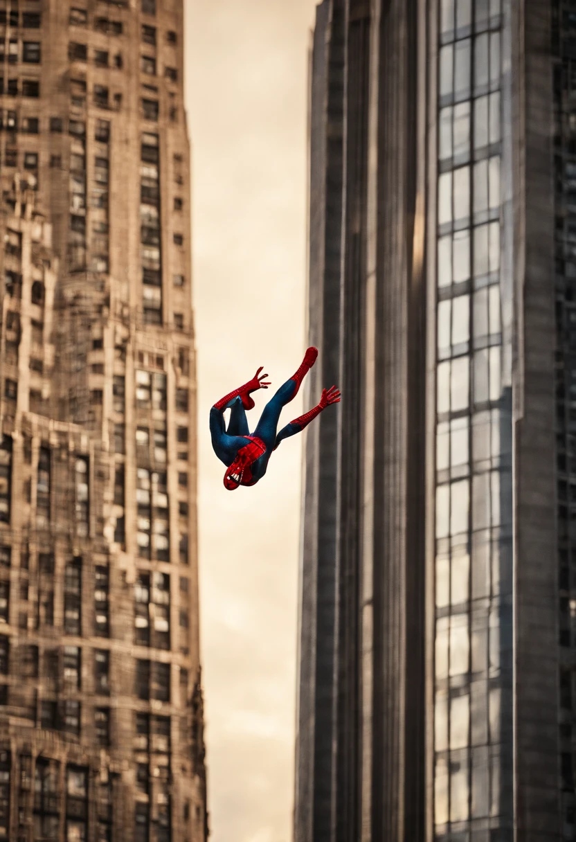 Spiderman swinging on his web beside the side of a building in NYC, reflection, golden hour, cinematic light, dramatic, crystal clear image, dramatic scene