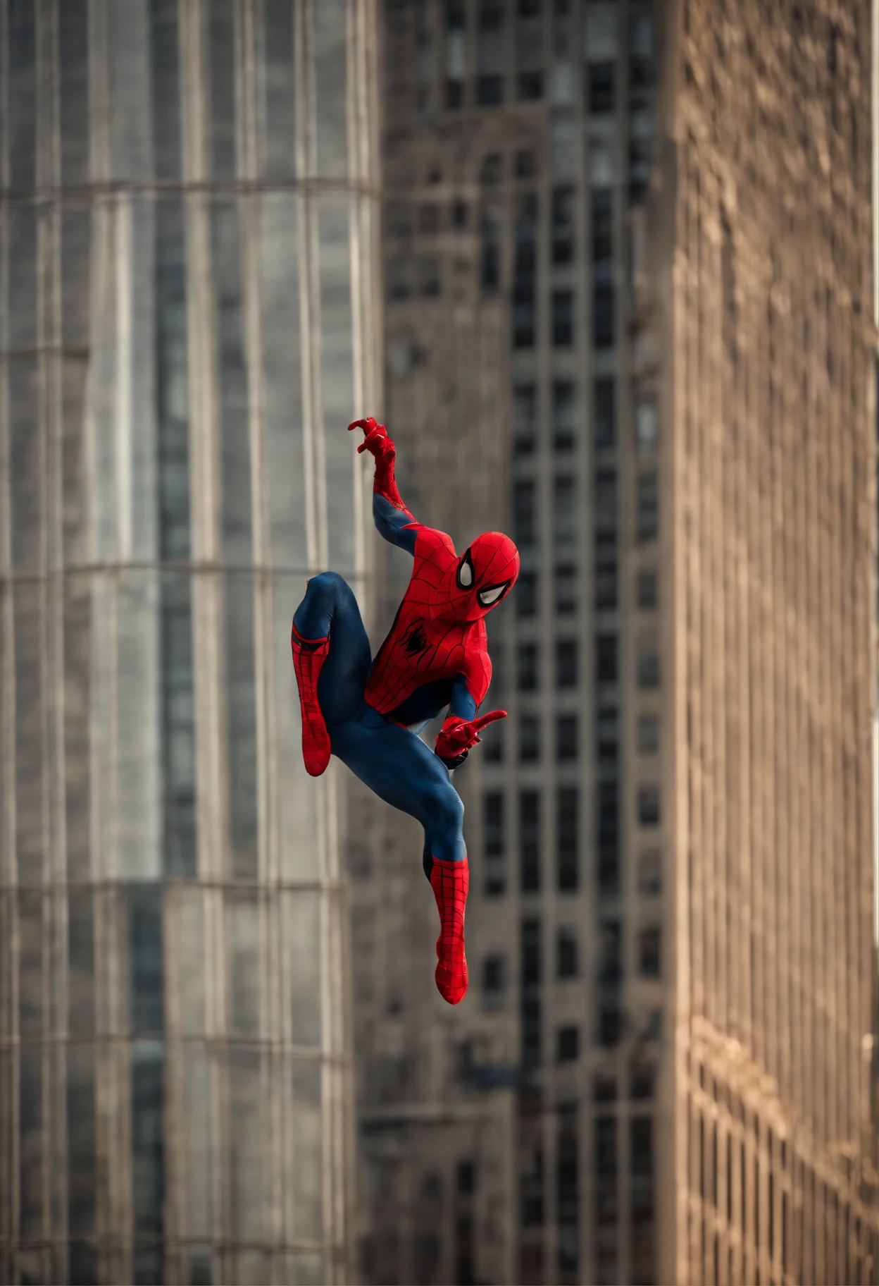 Spiderman swinging on his web beside the side of a building in NYC, reflection, golden hour, cinematic light, dramatic, crystal clear image