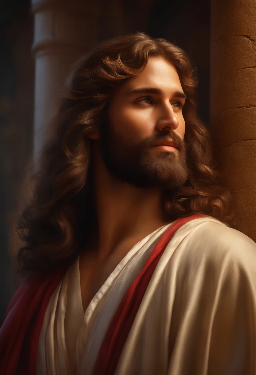 (best quality,4k,8k,Altas,master part:1.2),ultra-detalhado,(Realistic,fotorrealista,photo-realistic:1.37),jesus cristo,estilo de arte tradicional,vivid and dynamic brushstrokes,Ancient playful setting ,Charismatic expression,postura  humilde,historic portrait,Noble Features,estilo de pintura de tinta e lavagem,finely detailed facial features,dynamic compositing,Paradisiacal scenery,olhar confiante,,ambiente com Luz do sol dourada iluminando a cena,aura de angelical,atmosphric perspective,Explosive lighting