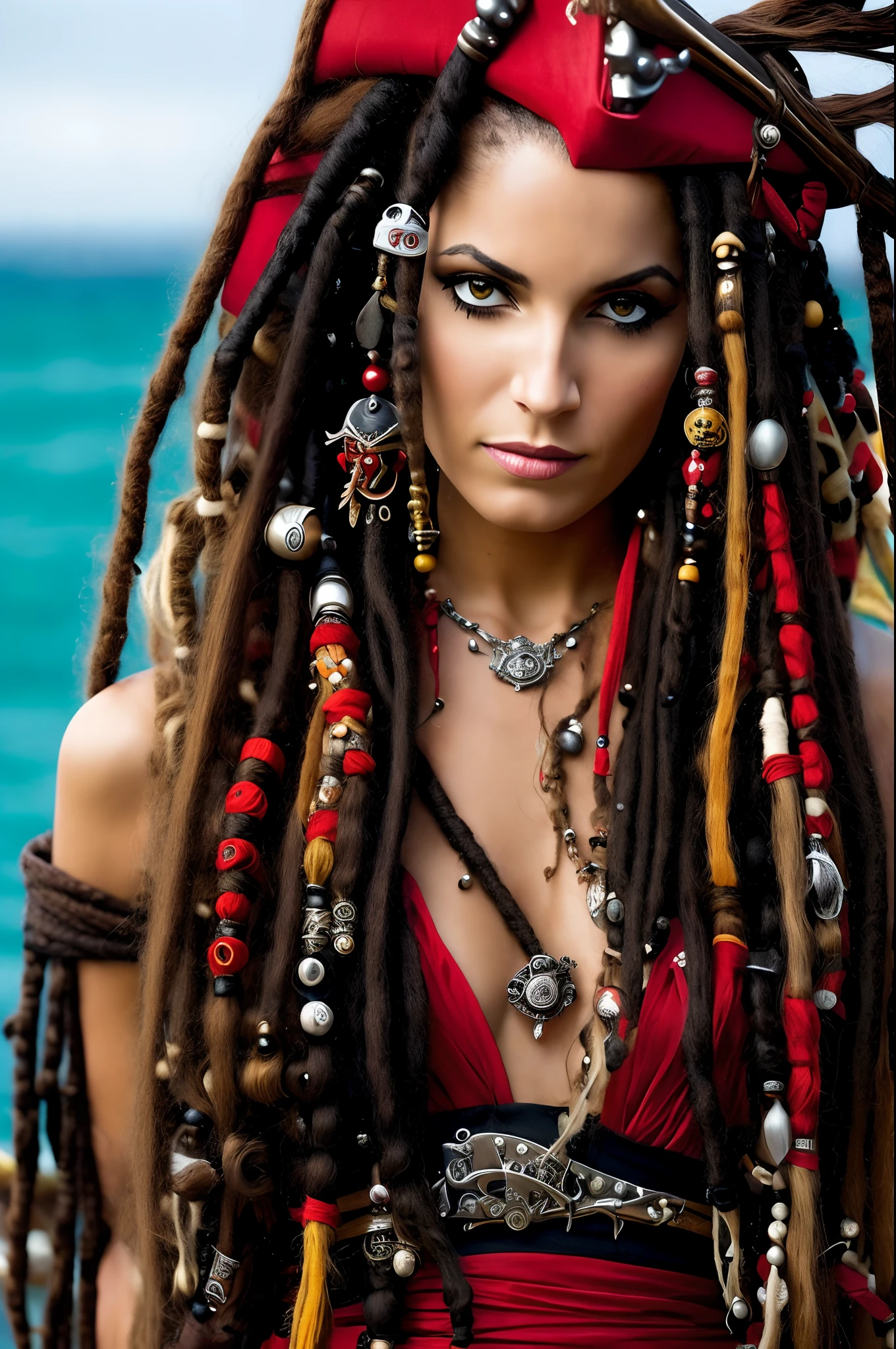 a close up of a woman with long hair wearing a red and black dress, pirate woman, pirate queen, dreadlocks, dreadlock hair, pirate, pirate clothing, long dreadlocks, dread, female pirate captain, beautiful rogue lady, inspired by Chica Macnab, pirates of the carribean, pirate clothes, style of luis royo, dreads, pirates