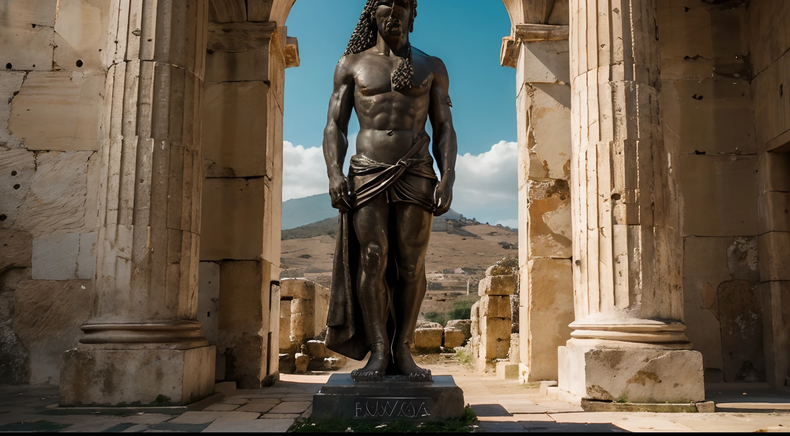 Ancient Stoic Statue With Very Angry Expression, tem barba, muitos detalhes em ambos os olhos, Outside, fundo atenas grego, open sky, com rosto extremamente detalhado full body view, Colors with low saturation with dark tone, Filmado em Sony A7S III com Sony FE 35mm f/1.8, 12.1 MP, --AR 3:2 --estilo cru