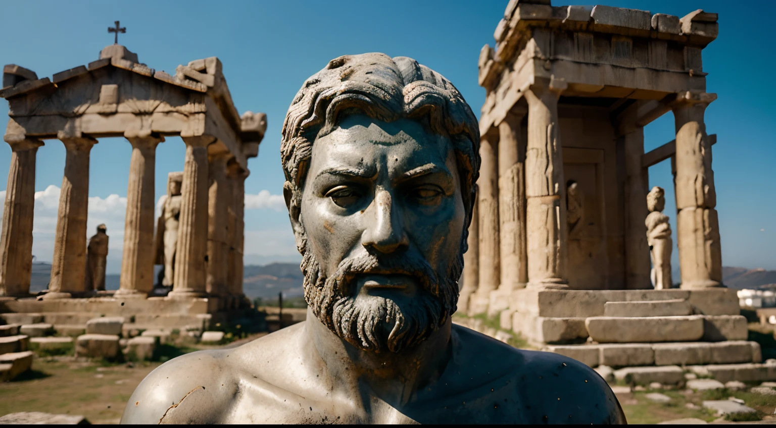 Ancient Stoic Statue With Very Angry Expression, tem barba, muitos detalhes em ambos os olhos, Outside, fundo atenas grego, open sky, com rosto extremamente detalhado full body view, Colors with low saturation with dark tone, Filmado em Sony A7S III com Sony FE 35mm f/1.8, 12.1 MP, --AR 3:2 --estilo cru