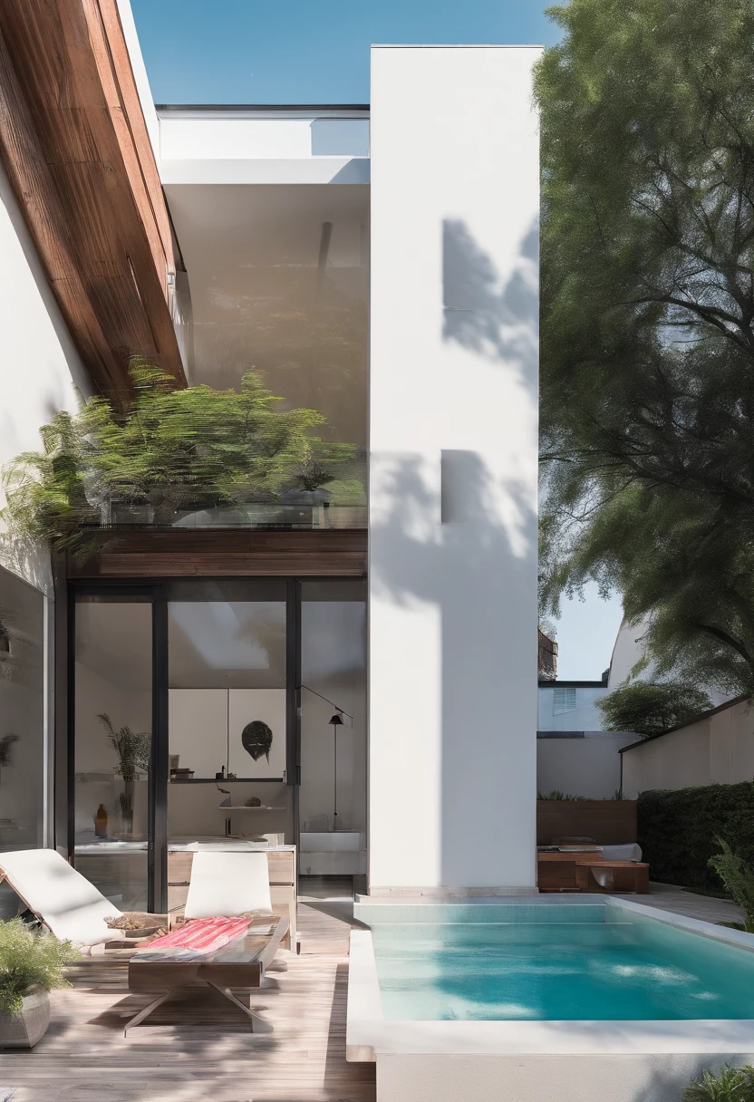 A small white building,A fish is painted on it,45 degree angle building exterior,bungalow,Detailed wide-angle lens,Panorama shooting,Summer twilight background,,Wide-angle panoramic shooting,EOS 5D Mark IV 拍摄